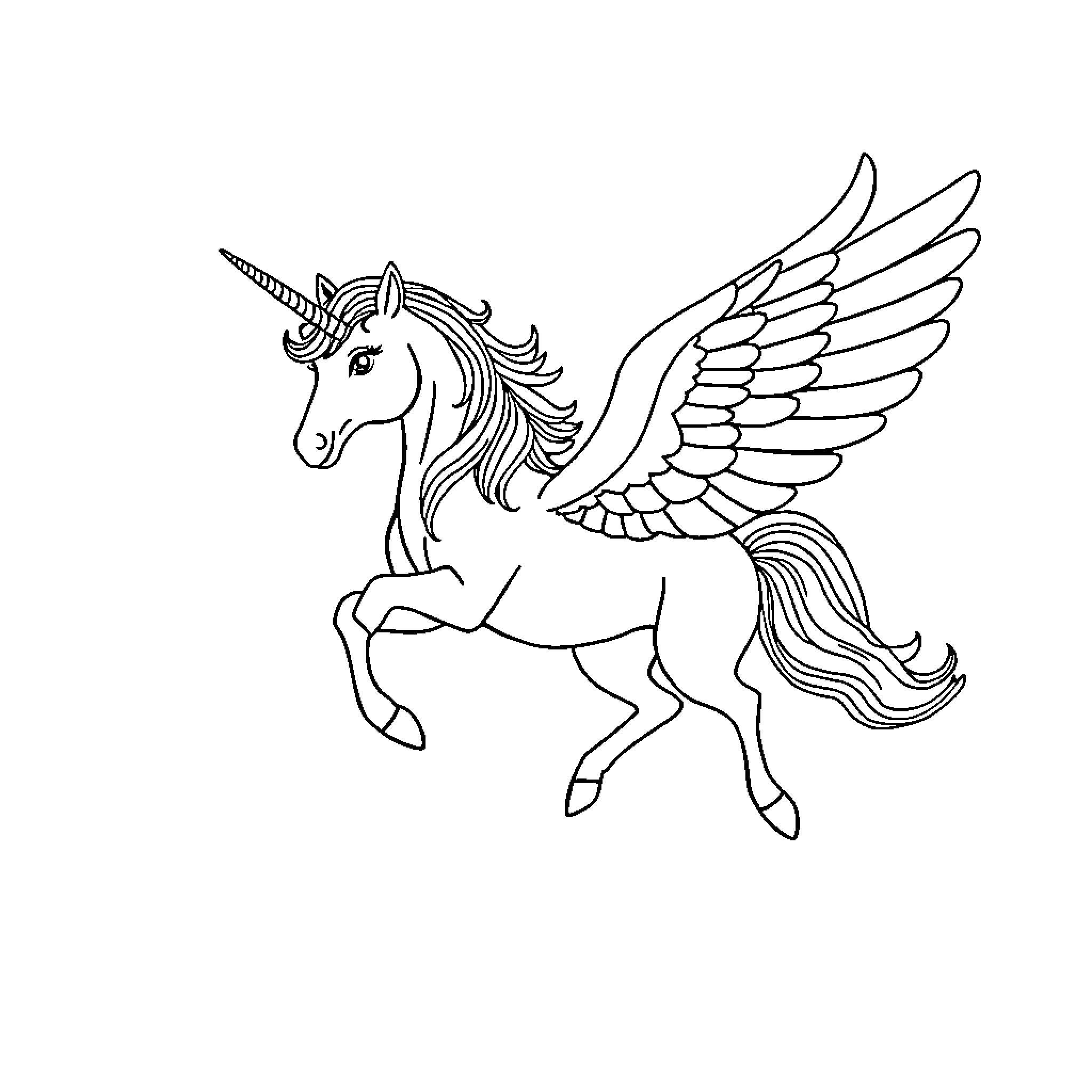 Unicorn with majestic wings soaring through the air Coloring Page (free black-and-white line drawing printable PDF for all, from beginners to advanced learners, including children, teens, adults, and seniors)