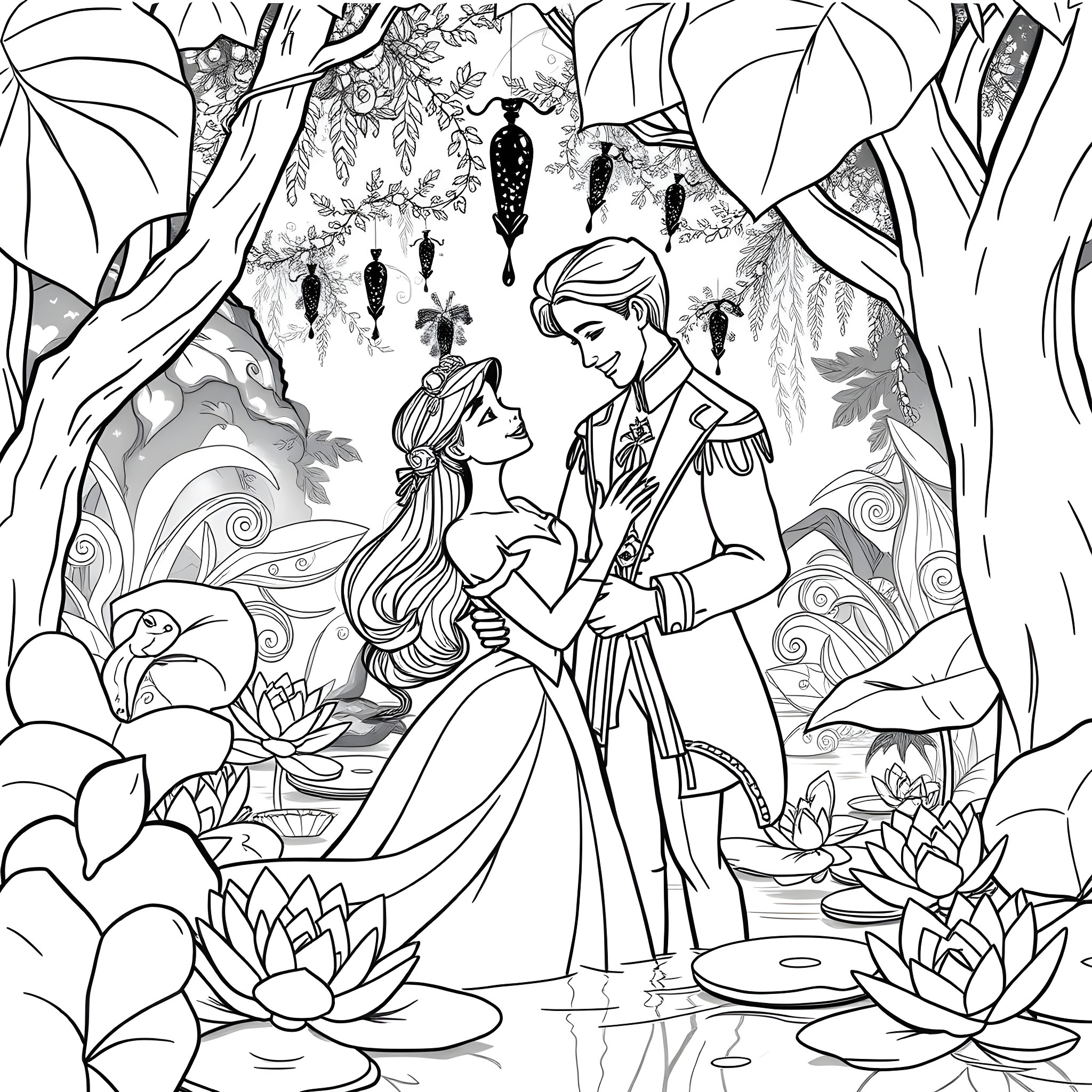 Tiana's Enchanted Dance in the Serene Forest Coloring Page (free black-and-white line drawing printable PDF for all, from beginners to advanced learners, including children, teens, adults, and seniors)