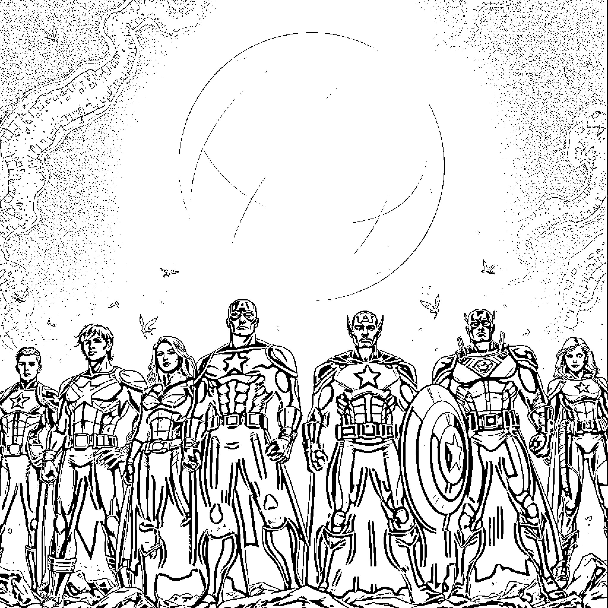 Avengers Assemble in Heroic Poses Coloring Page (free black-and-white line drawing printable PDF for all, from beginners to advanced learners, including children, teens, adults, and seniors)