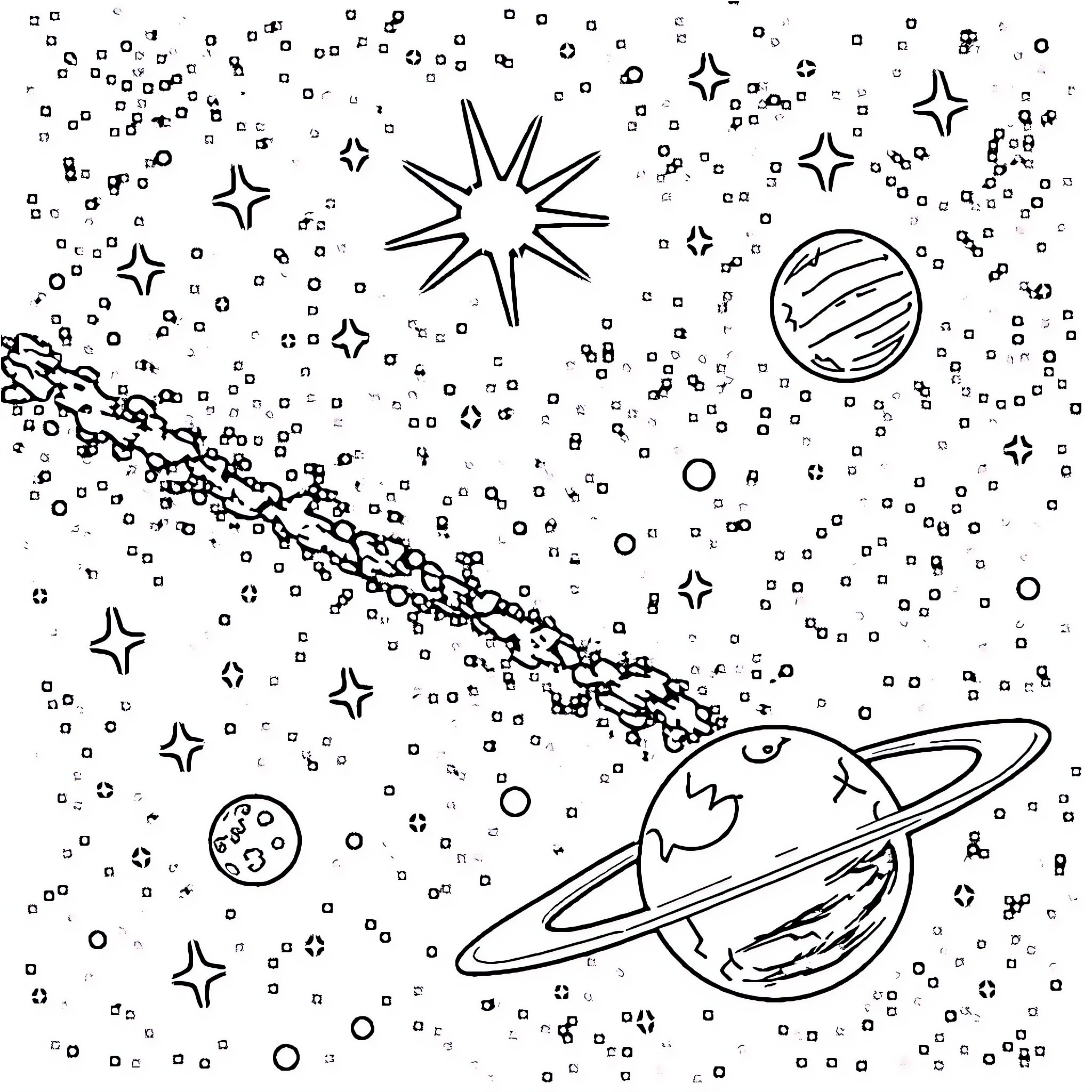 Space exploration and celestial objects Coloring Page (free black-and-white line drawing printable PDF for all, from beginners to advanced learners, including children, teens, adults, and seniors)