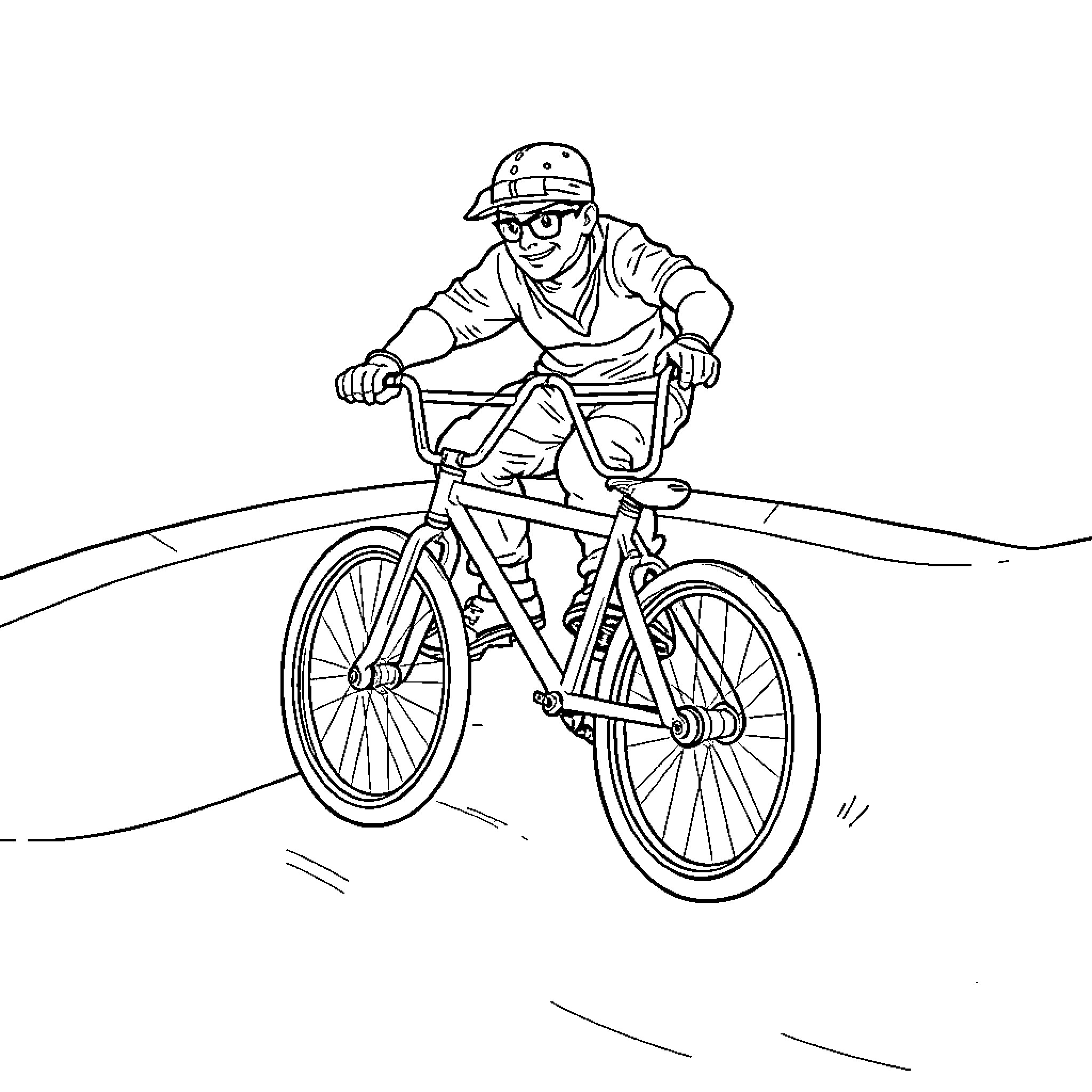 BMX rider enjoying downhill cycling adventure Coloring Page (free black-and-white line drawing printable PDF for all, from beginners to advanced learners, including children, teens, adults, and seniors)