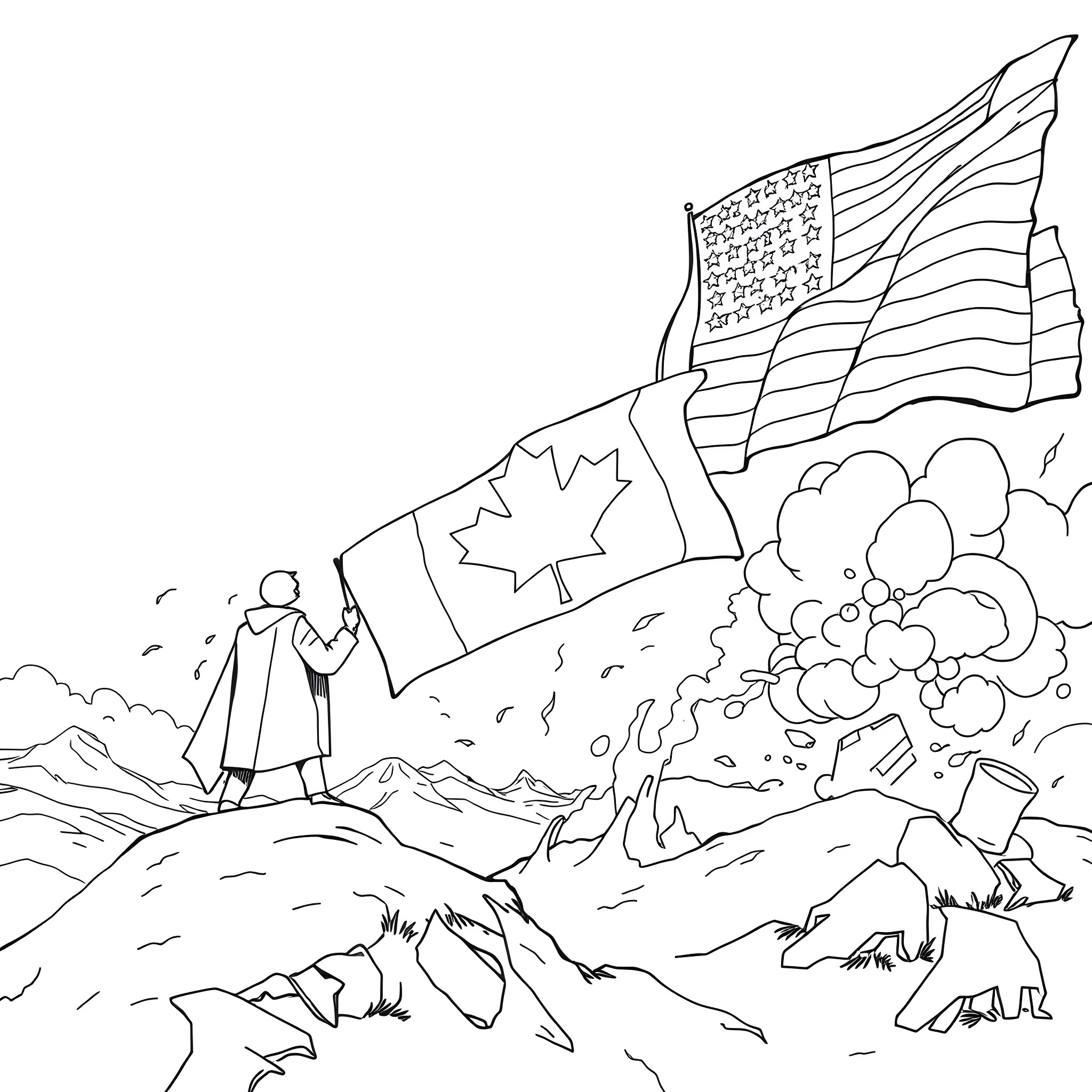 Canada Celebrating with Waving Flags in Rugged Terrain Coloring Page (free black-and-white line drawing printable PDF for all, from beginners to advanced learners, including children, teens, adults, and seniors)
