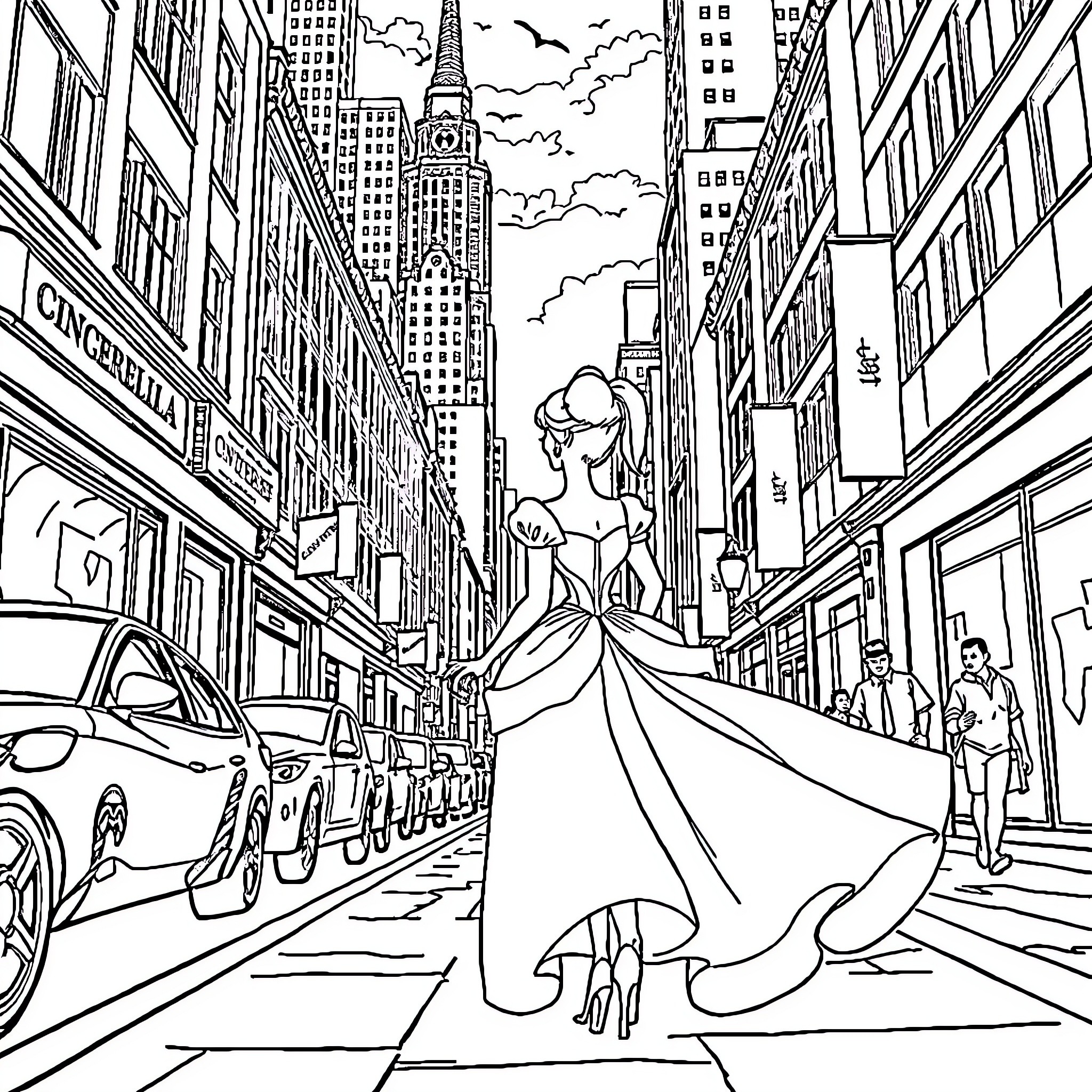 Cinderella's magical city stroll in her iconic gown Coloring Page (free black-and-white line drawing printable PDF for all, from beginners to advanced learners, including children, teens, adults, and seniors)