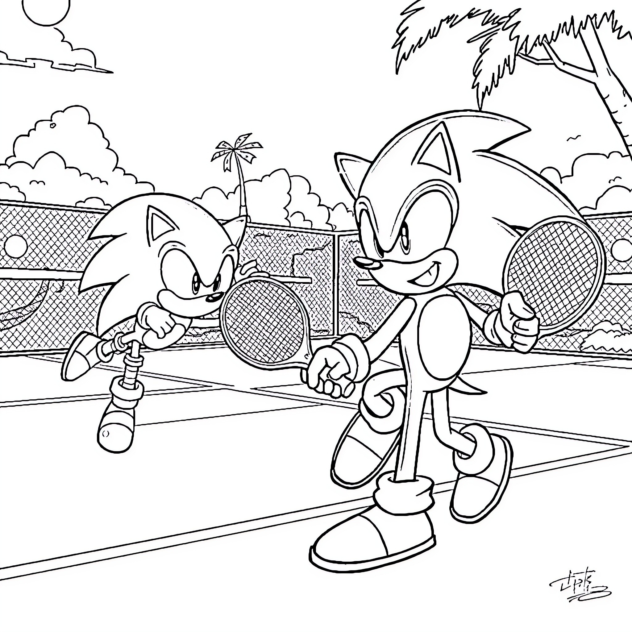 Sonic characters playing tennis on the court Coloring Page (free black-and-white line drawing printable PDF for all, from beginners to advanced learners, including children, teens, adults, and seniors)