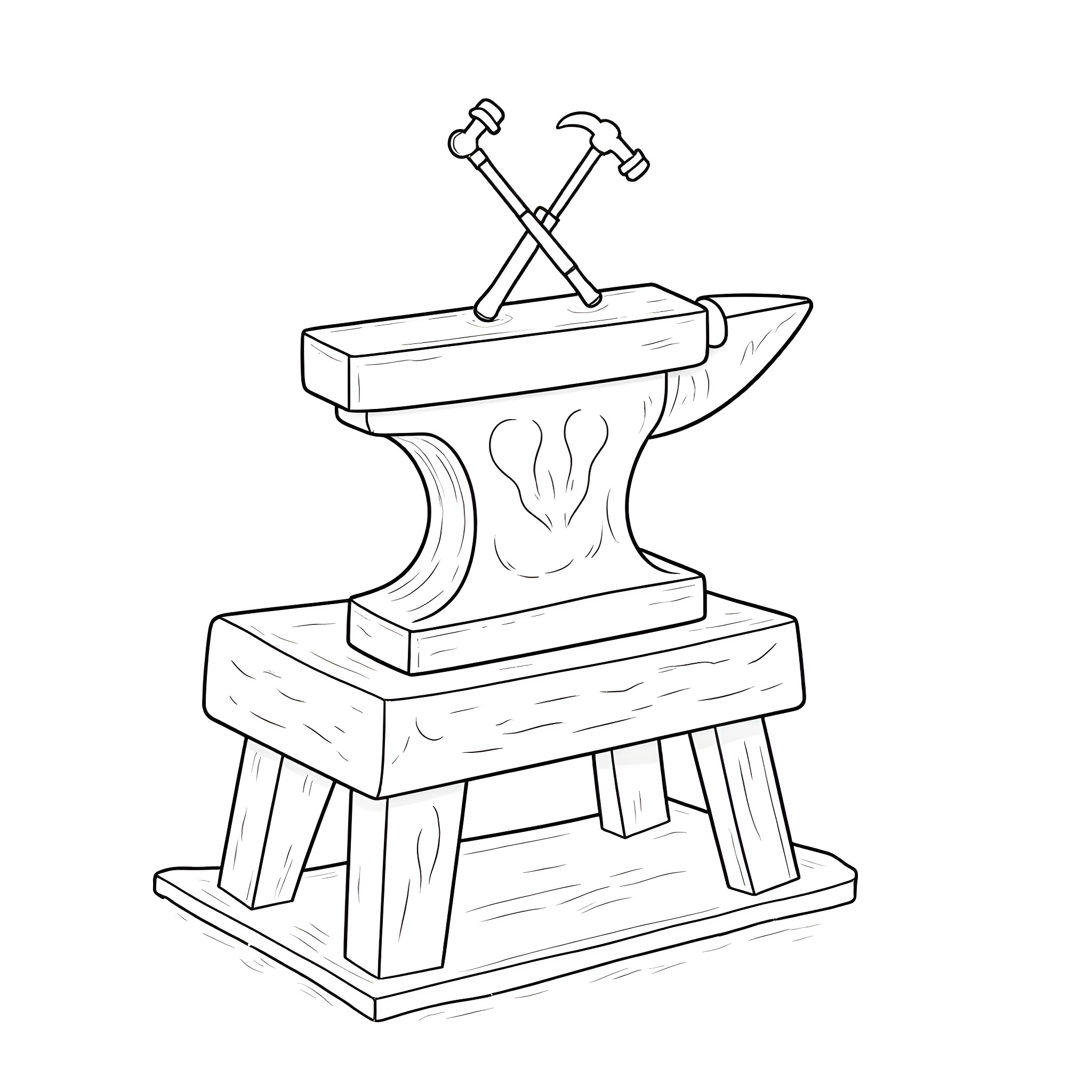 Anvil with crossed hammers on a wooden stand Coloring Page (free black-and-white line drawing printable PDF for all, from beginners to advanced learners, including children, teens, adults, and seniors)