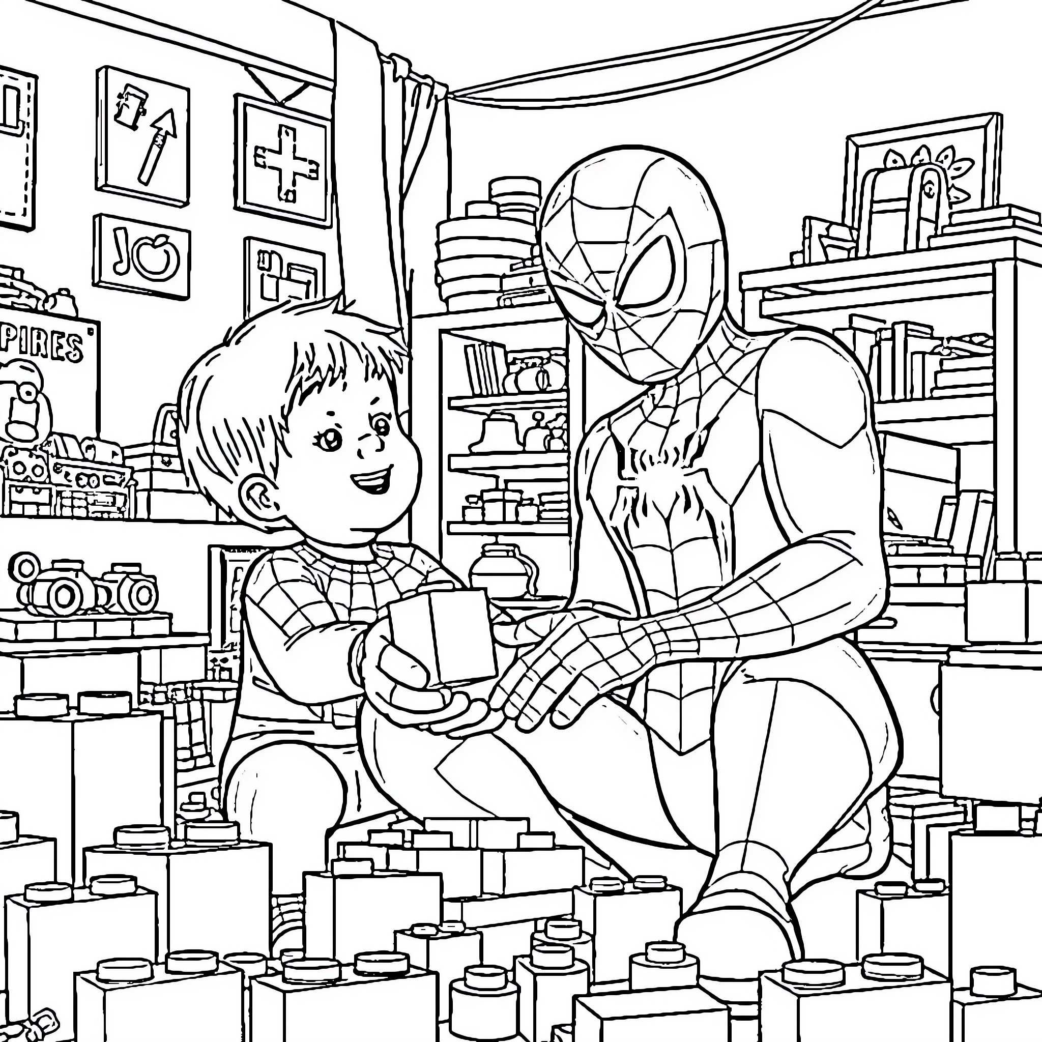 Spiderman helping young boy in cluttered room Coloring Page (free black-and-white line drawing printable PDF for all, from beginners to advanced learners, including children, teens, adults, and seniors)