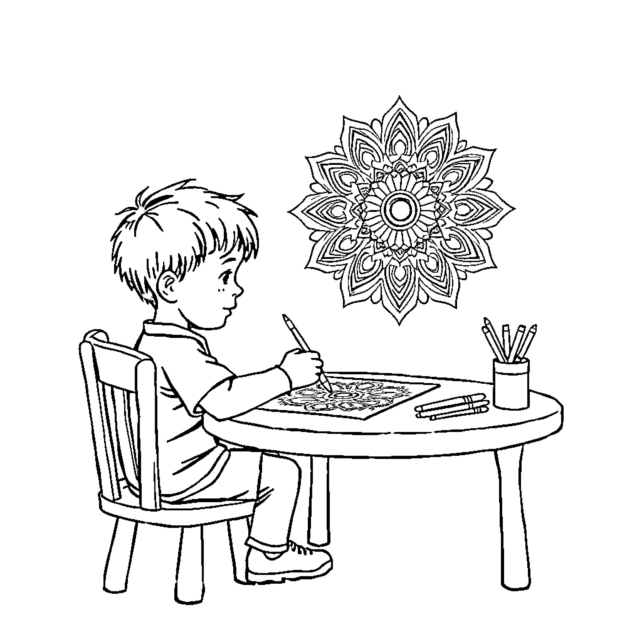 Boy intently coloring intricate mandala design Coloring Page (free black-and-white line drawing printable PDF for all, from beginners to advanced learners, including children, teens, adults, and seniors)