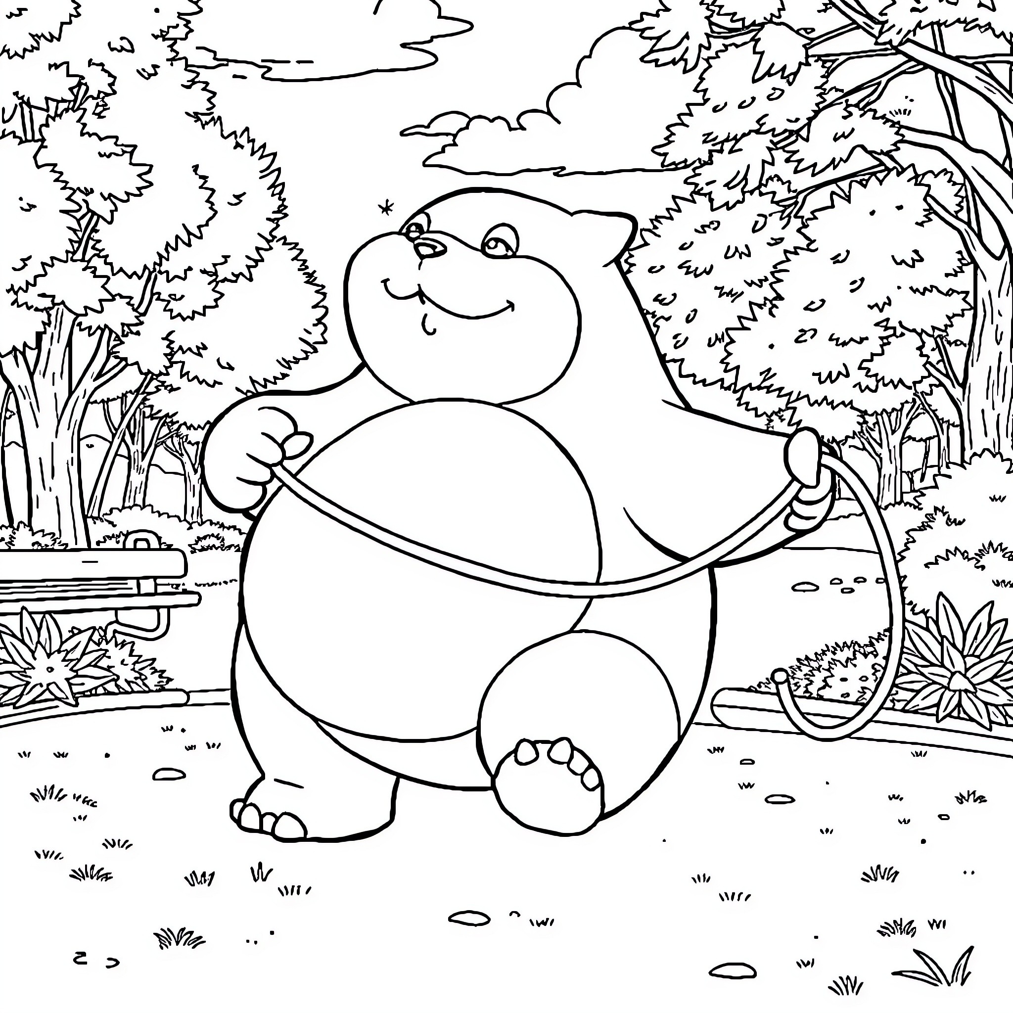Snorlax enjoying the peaceful forest scenery Coloring Page (free black-and-white line drawing printable PDF for all, from beginners to advanced learners, including children, teens, adults, and seniors)