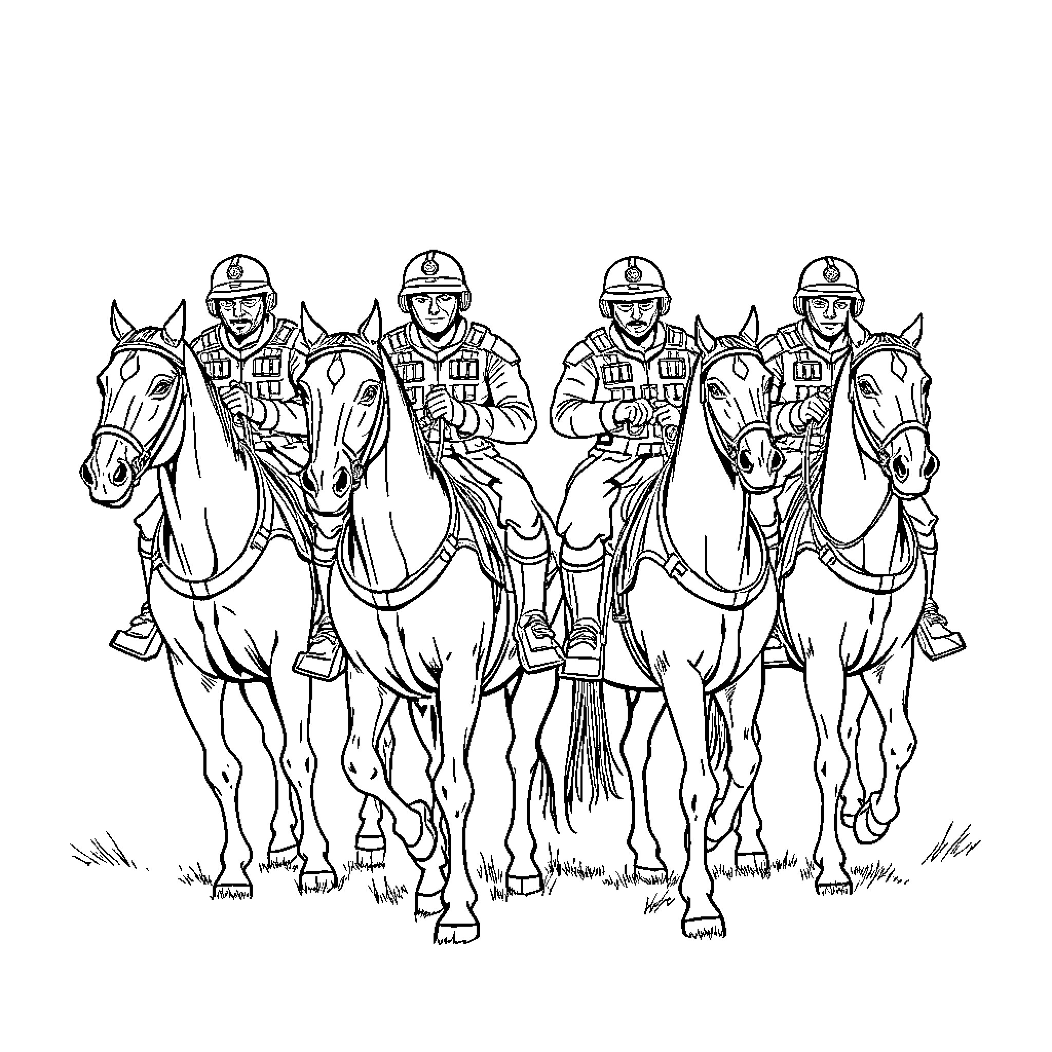 Horseman patrol on duty with helmets and uniforms Coloring Page (free black-and-white line drawing printable PDF for all, from beginners to advanced learners, including children, teens, adults, and seniors)