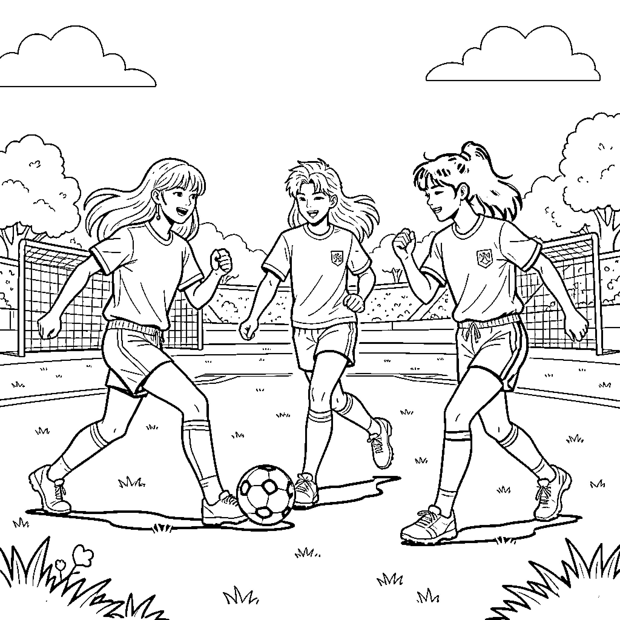 K Pop inspired girls playing soccer in a park Coloring Page (free black-and-white line drawing printable PDF for all, from beginners to advanced learners, including children, teens, adults, and seniors)
