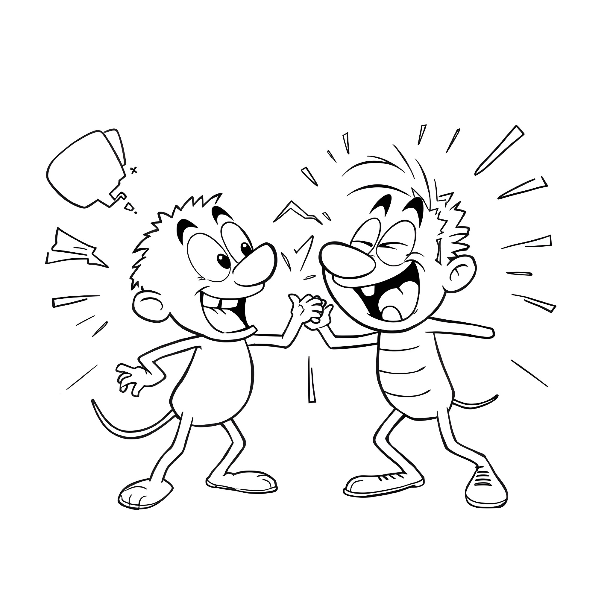 Butt-kicking cartoon characters in a playful fight Coloring Page (free black-and-white line drawing printable PDF for all, from beginners to advanced learners, including children, teens, adults, and seniors)