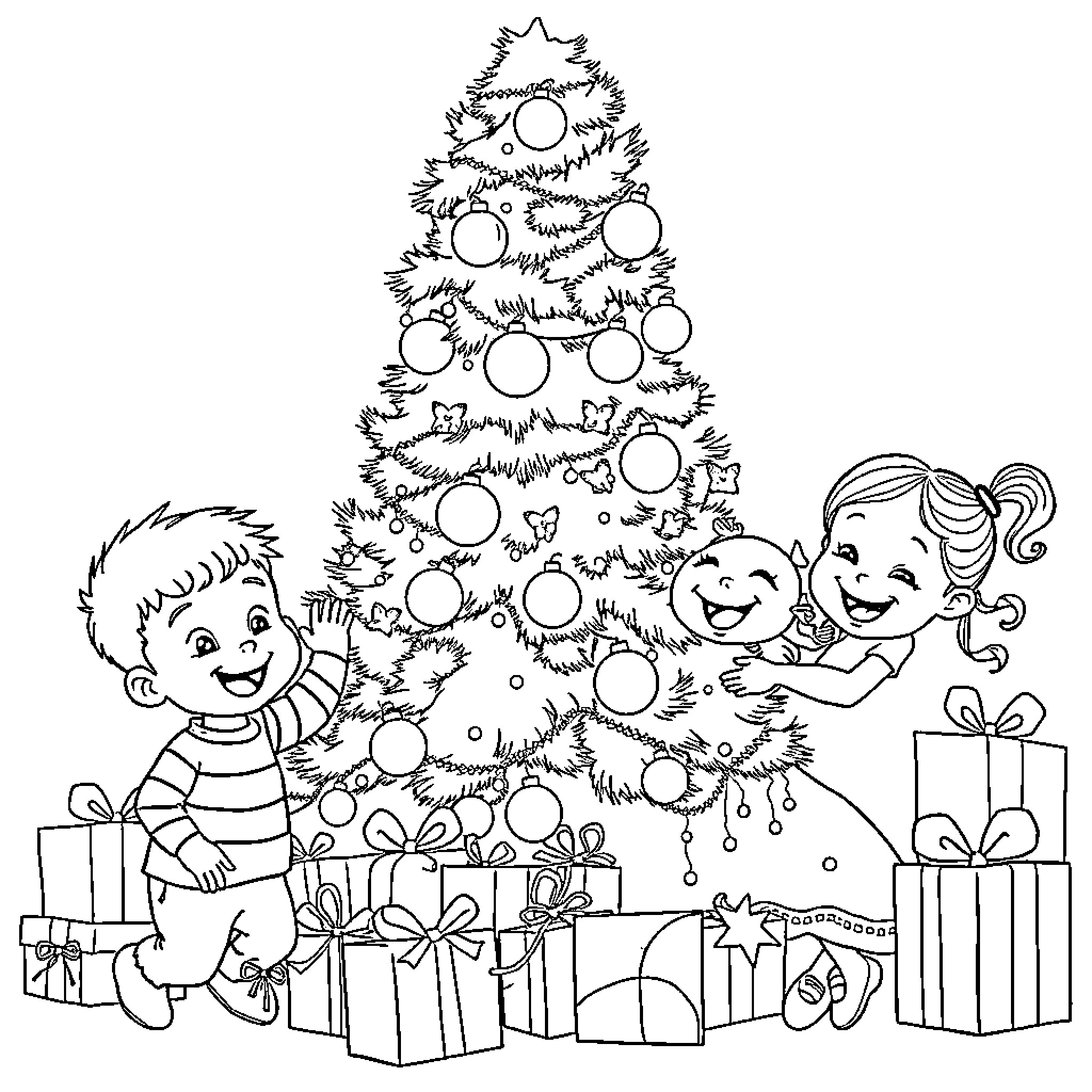 Christmas Tree Decorated with Children Excitedly Unwrapping Presents Coloring Page (free black-and-white line drawing printable PDF for all, from beginners to advanced learners, including children, teens, adults, and seniors)