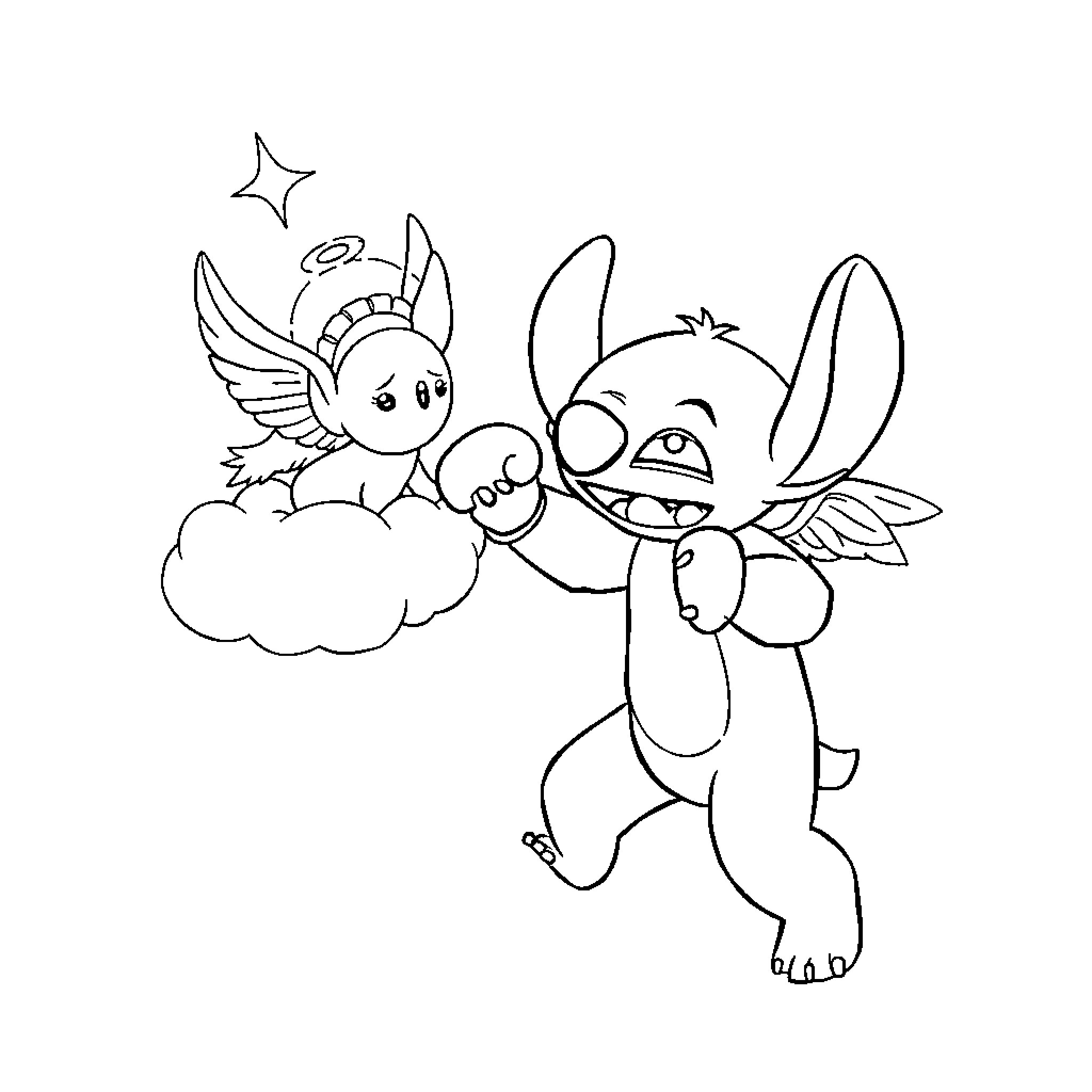 Stitch playing with angel on cloud Coloring Page (free black-and-white line drawing printable PDF for all, from beginners to advanced learners, including children, teens, adults, and seniors)