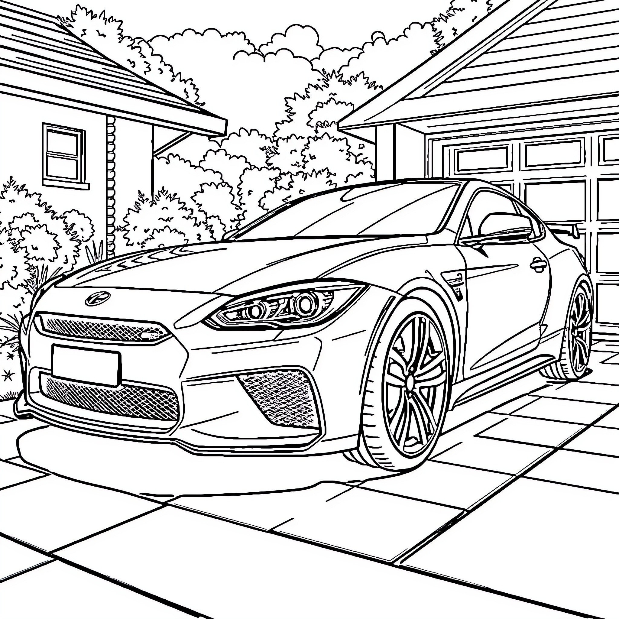 Car parked in front of a house driveway Coloring Page (free black-and-white line drawing printable PDF for all, from beginners to advanced learners, including children, teens, adults, and seniors)