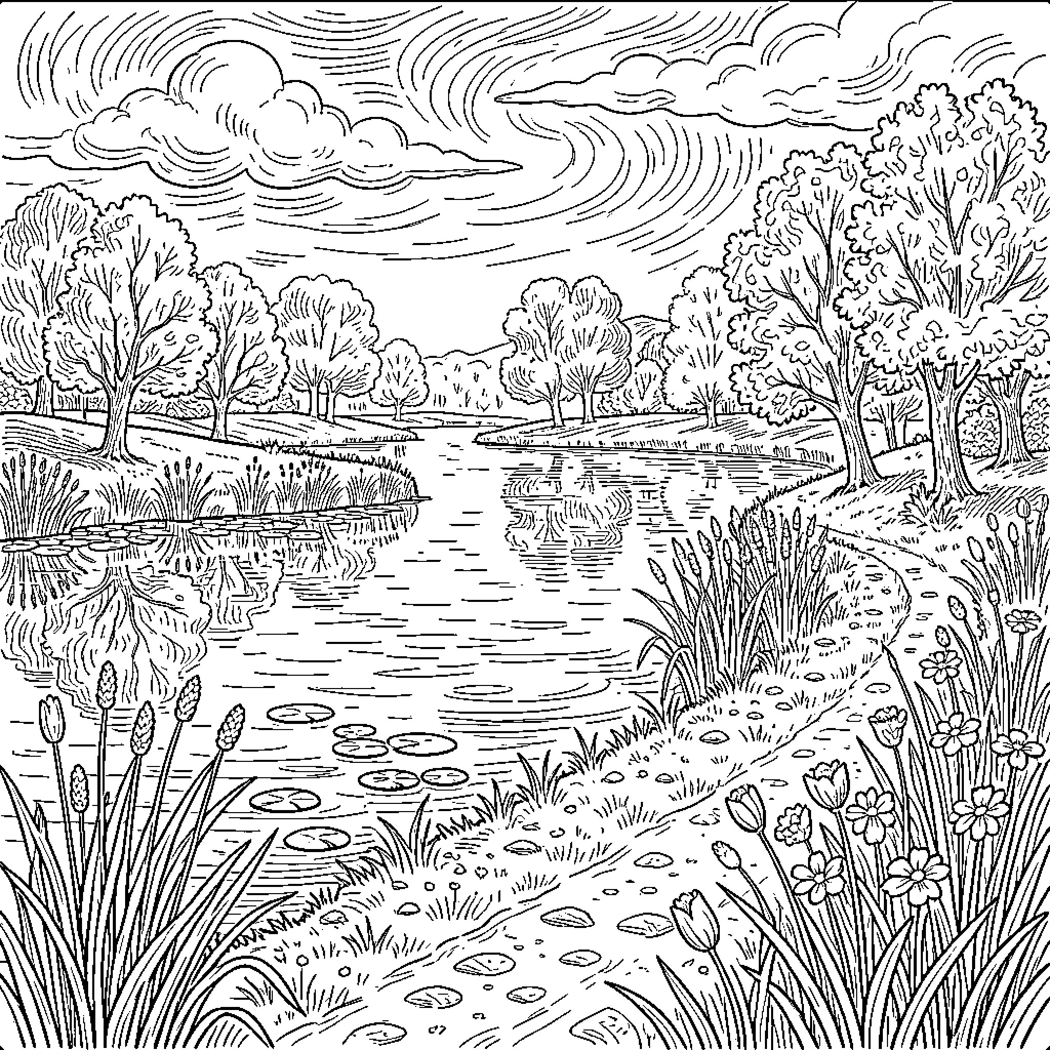 Monet's Serene Pond Landscape Coloring Page (free black-and-white line drawing printable PDF for all, from beginners to advanced learners, including children, teens, adults, and seniors)