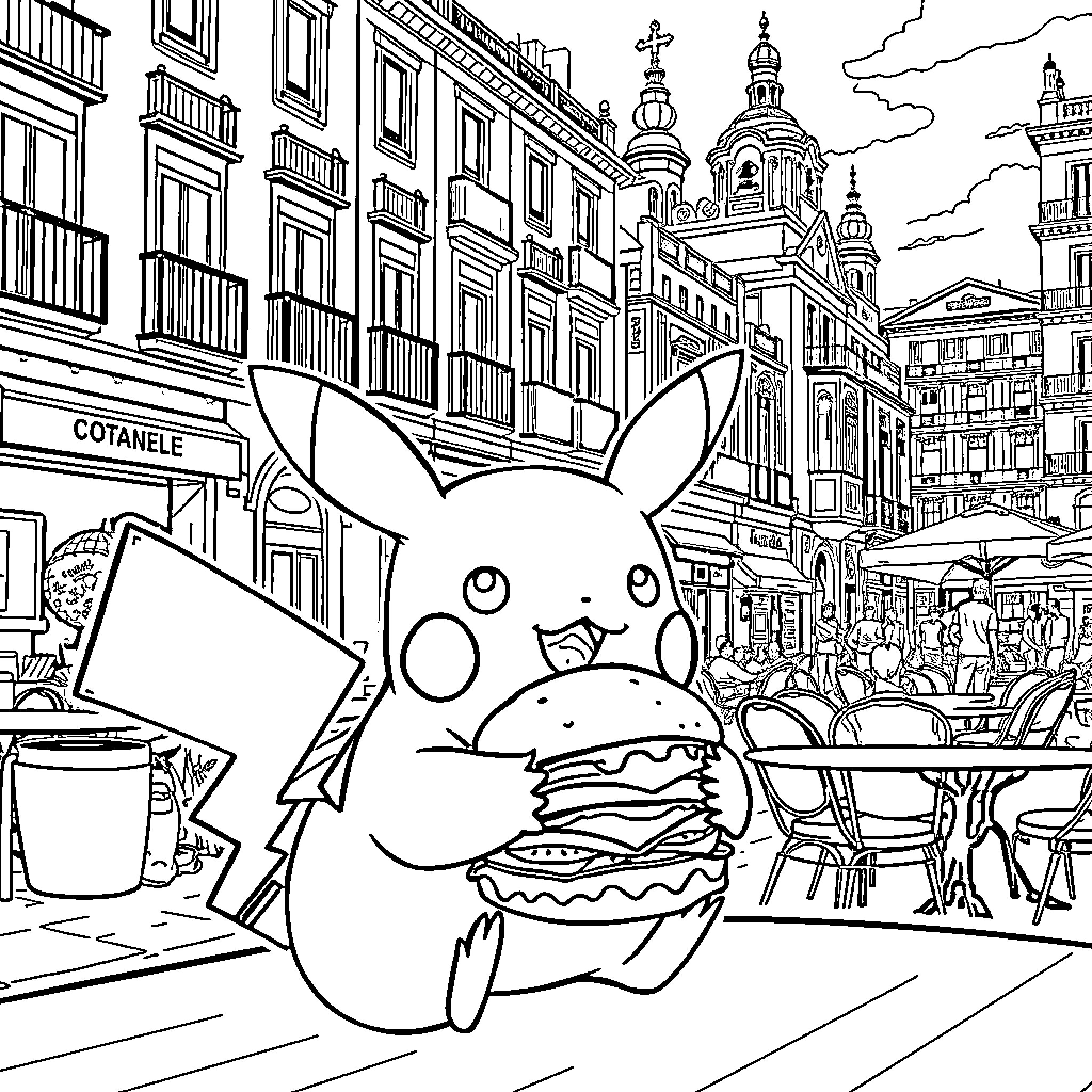 Pikachu enjoying a tasty burger in a bustling city Coloring Page (free black-and-white line drawing printable PDF for all, from beginners to advanced learners, including children, teens, adults, and seniors)