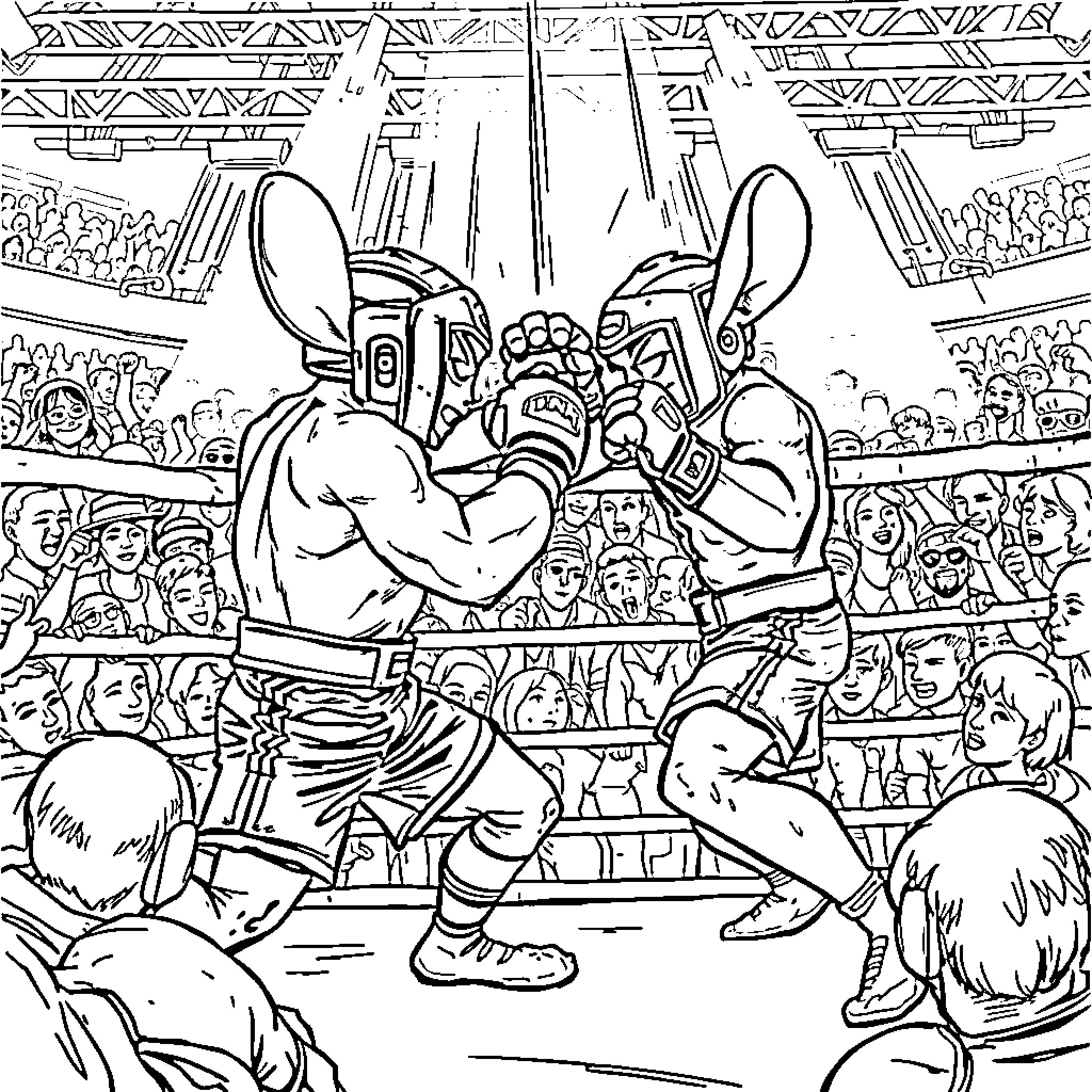 Stitch of Fierce Fighters Battling on Stage Coloring Page (free black-and-white line drawing printable PDF for all, from beginners to advanced learners, including children, teens, adults, and seniors)