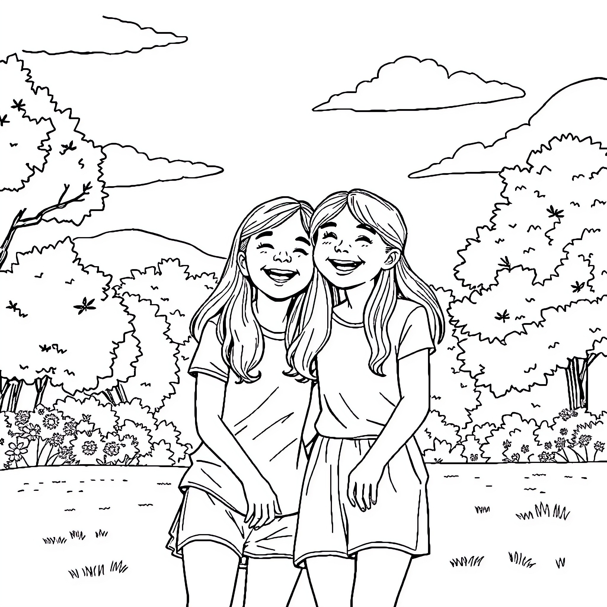 Best Friends Enjoying Outdoor Adventure Coloring Page (free black-and-white line drawing printable PDF for all, from beginners to advanced learners, including children, teens, adults, and seniors)