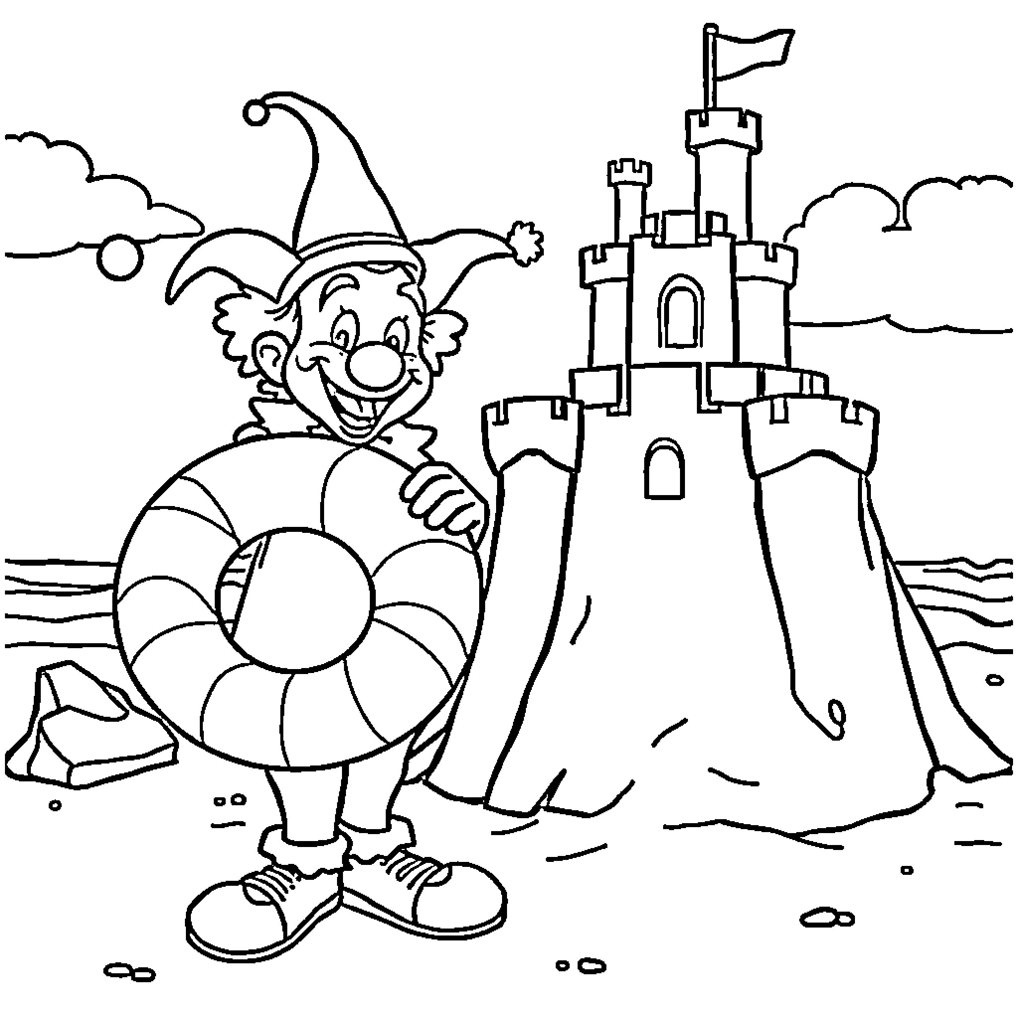 Clown playing near a sandcastle castle Coloring Page (free black-and-white line drawing printable PDF for all, from beginners to advanced learners, including children, teens, adults, and seniors)