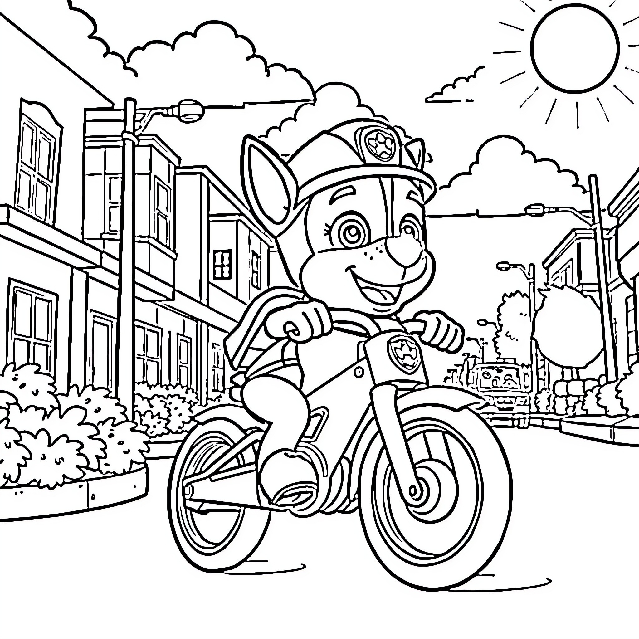 Chase the Pup on a Bike Adventure Coloring Page (free black-and-white line drawing printable PDF for all, from beginners to advanced learners, including children, teens, adults, and seniors)