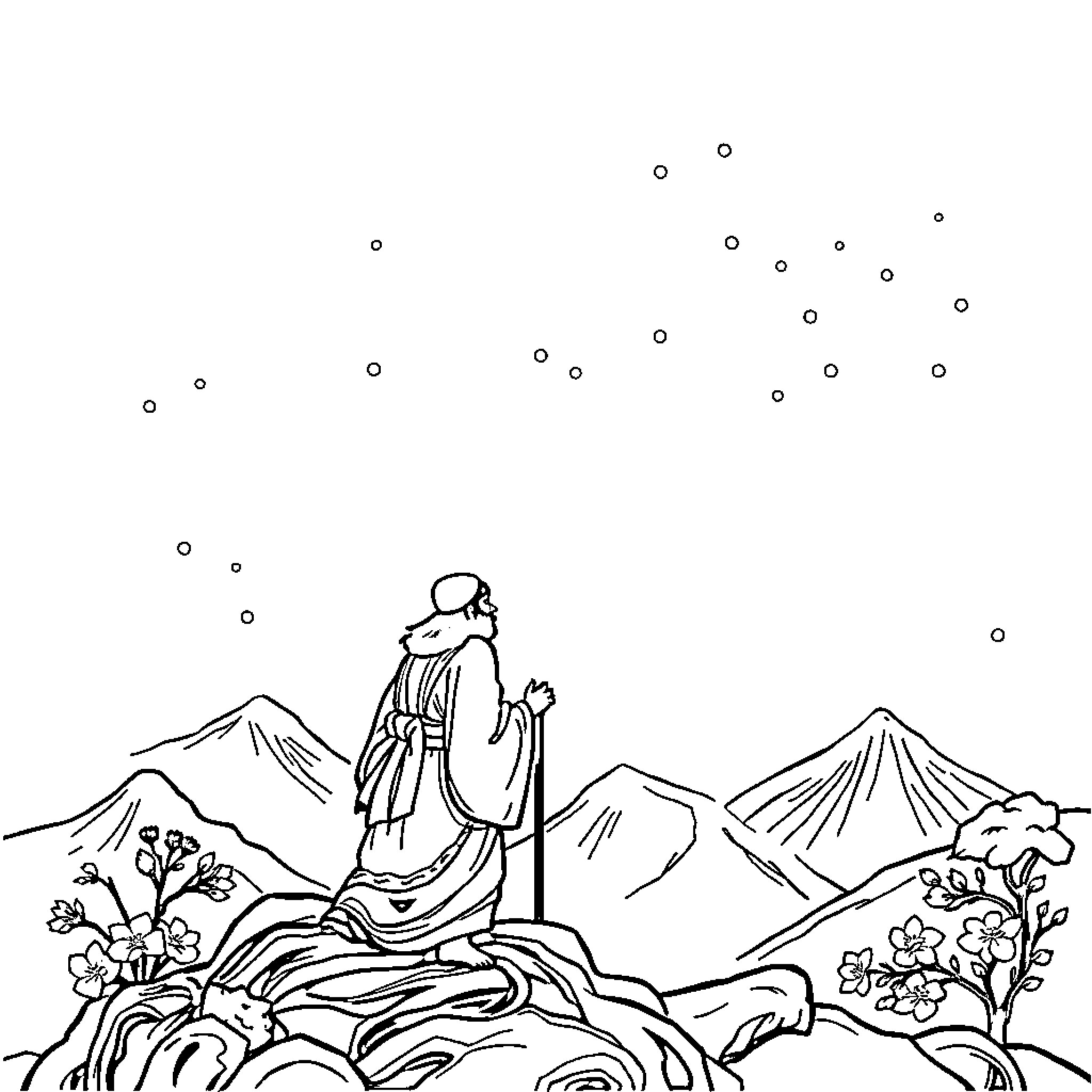 Man sitting in contemplative pose on rocky mountain landscape Coloring Page (free black-and-white line drawing printable PDF for all, from beginners to advanced learners, including children, teens, adults, and seniors)