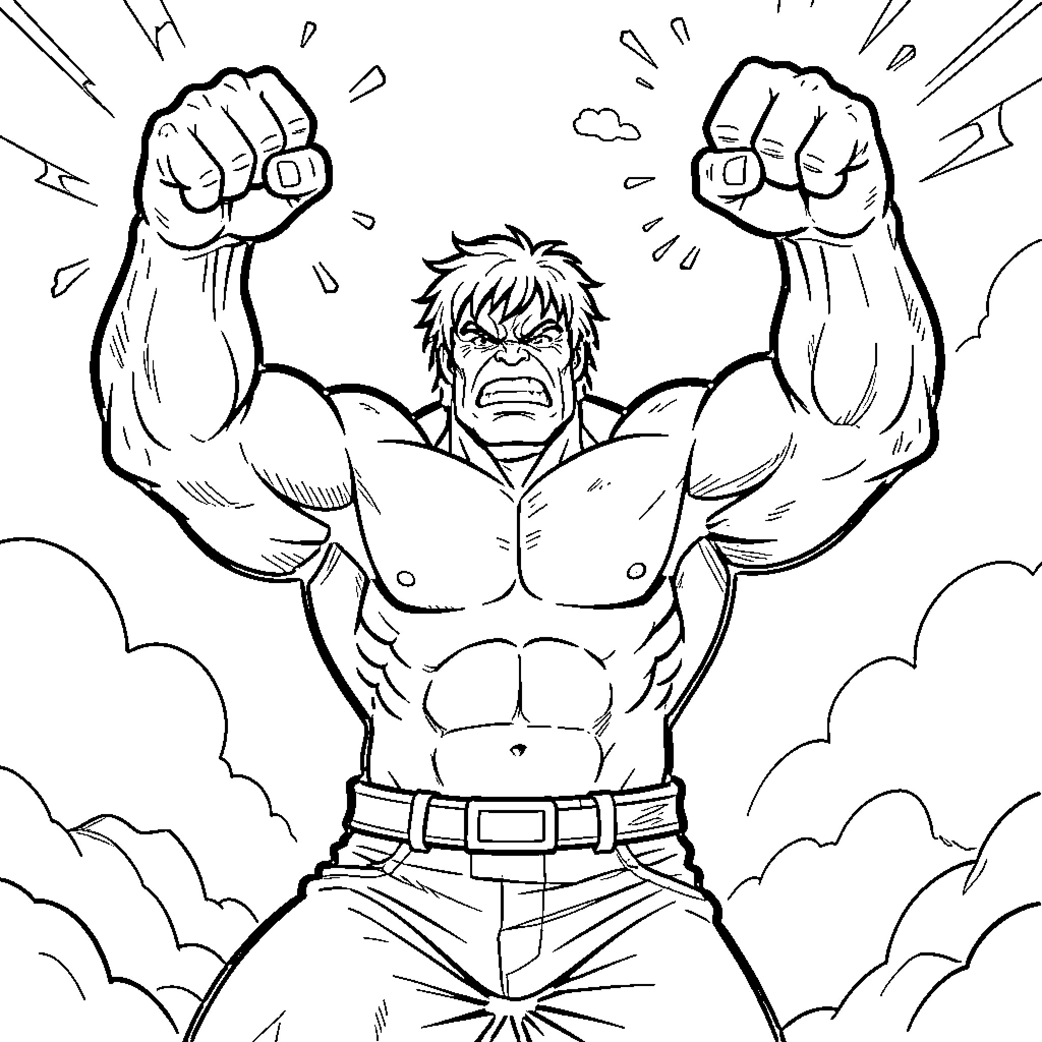 Hulk roaring with clenched fists raised high Coloring Page (free black-and-white line drawing printable PDF for all, from beginners to advanced learners, including children, teens, adults, and seniors)