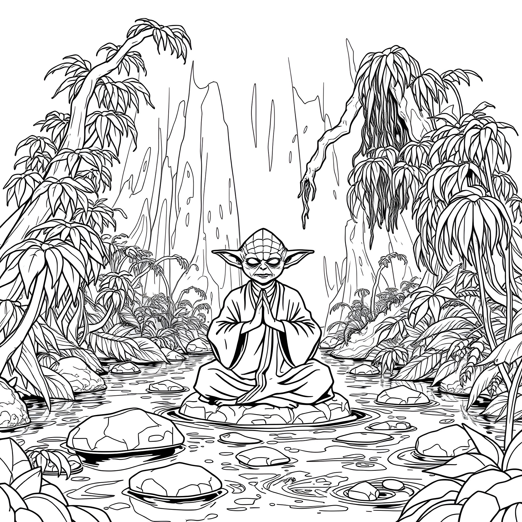 Yoda meditating in serene forest landscape Coloring Page (free black-and-white line drawing printable PDF for all, from beginners to advanced learners, including children, teens, adults, and seniors)