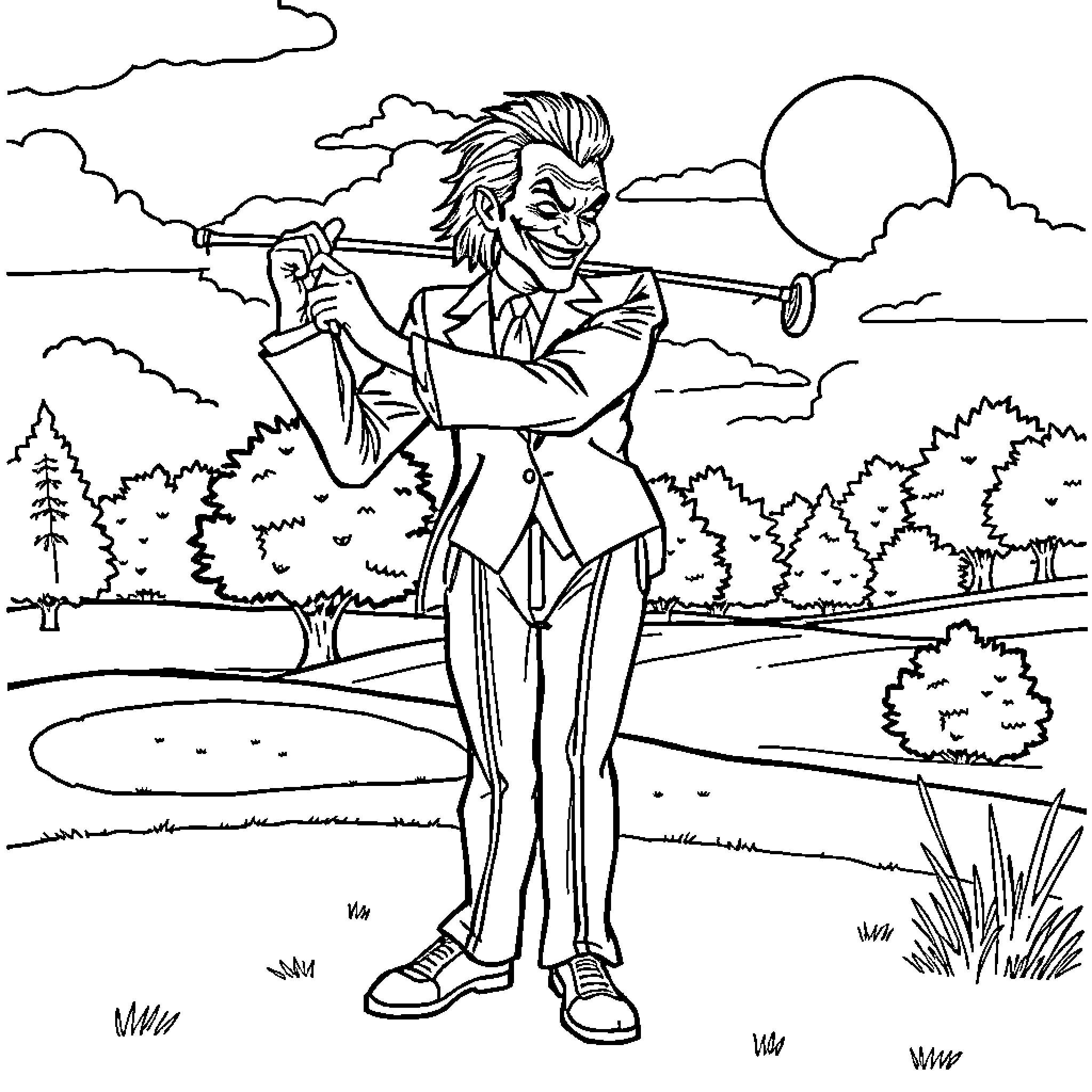 Joker in a Villainous Pose in Nature Coloring Page (free black-and-white line drawing printable PDF for all, from beginners to advanced learners, including children, teens, adults, and seniors)