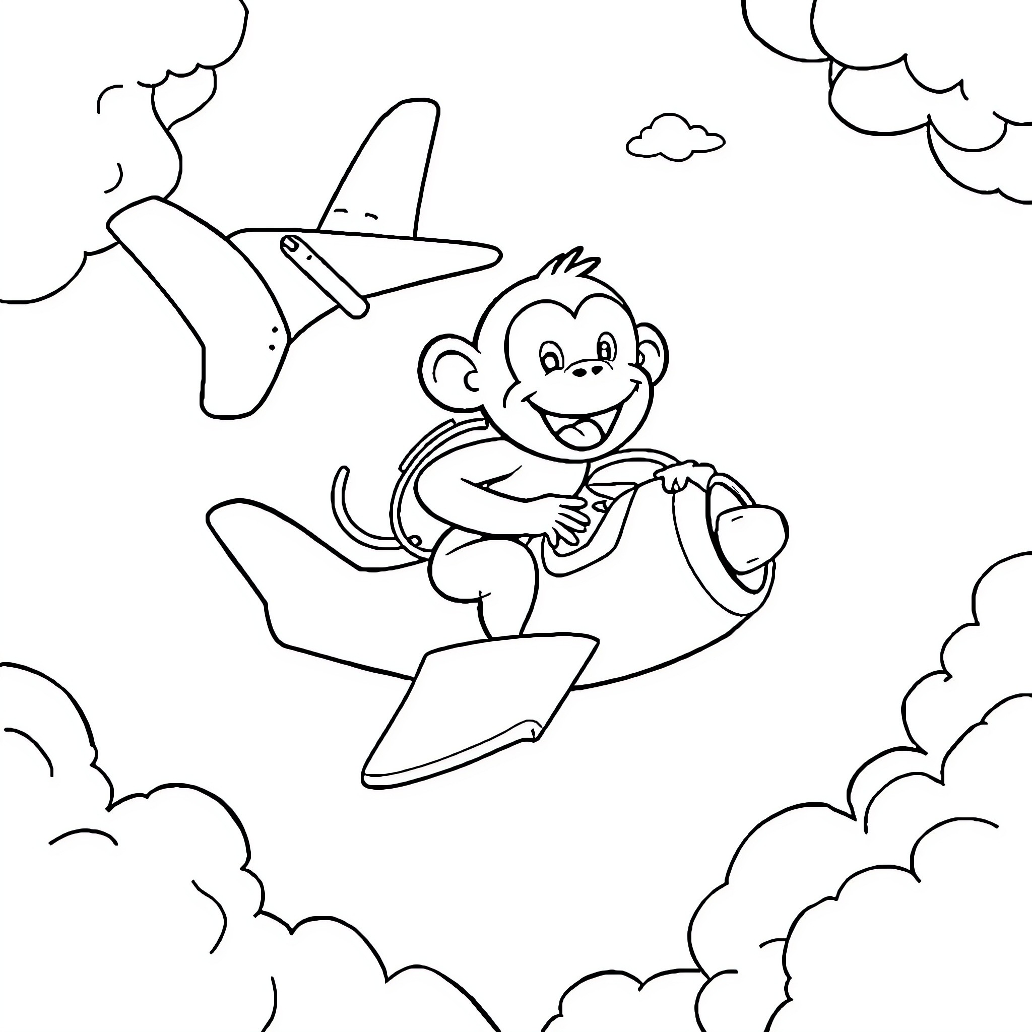 Monkey flying happily on an airplane Coloring Page (free black-and-white line drawing printable PDF for all, from beginners to advanced learners, including children, teens, adults, and seniors)