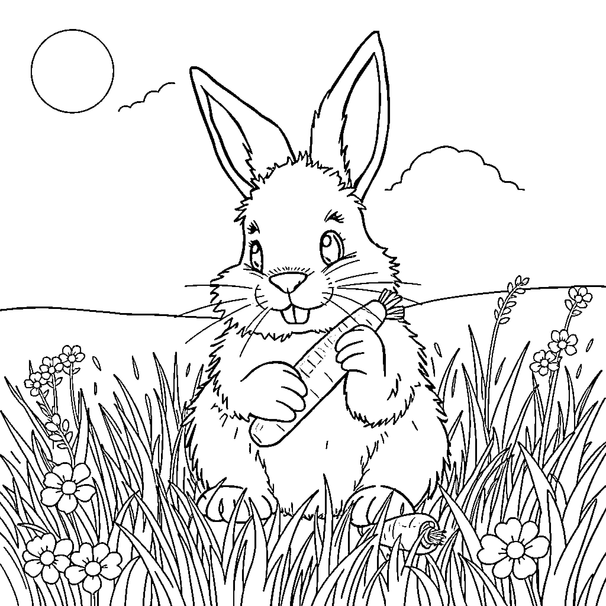 Bunny exploring a lush meadow Coloring Page (free black-and-white line drawing printable PDF for all, from beginners to advanced learners, including children, teens, adults, and seniors)