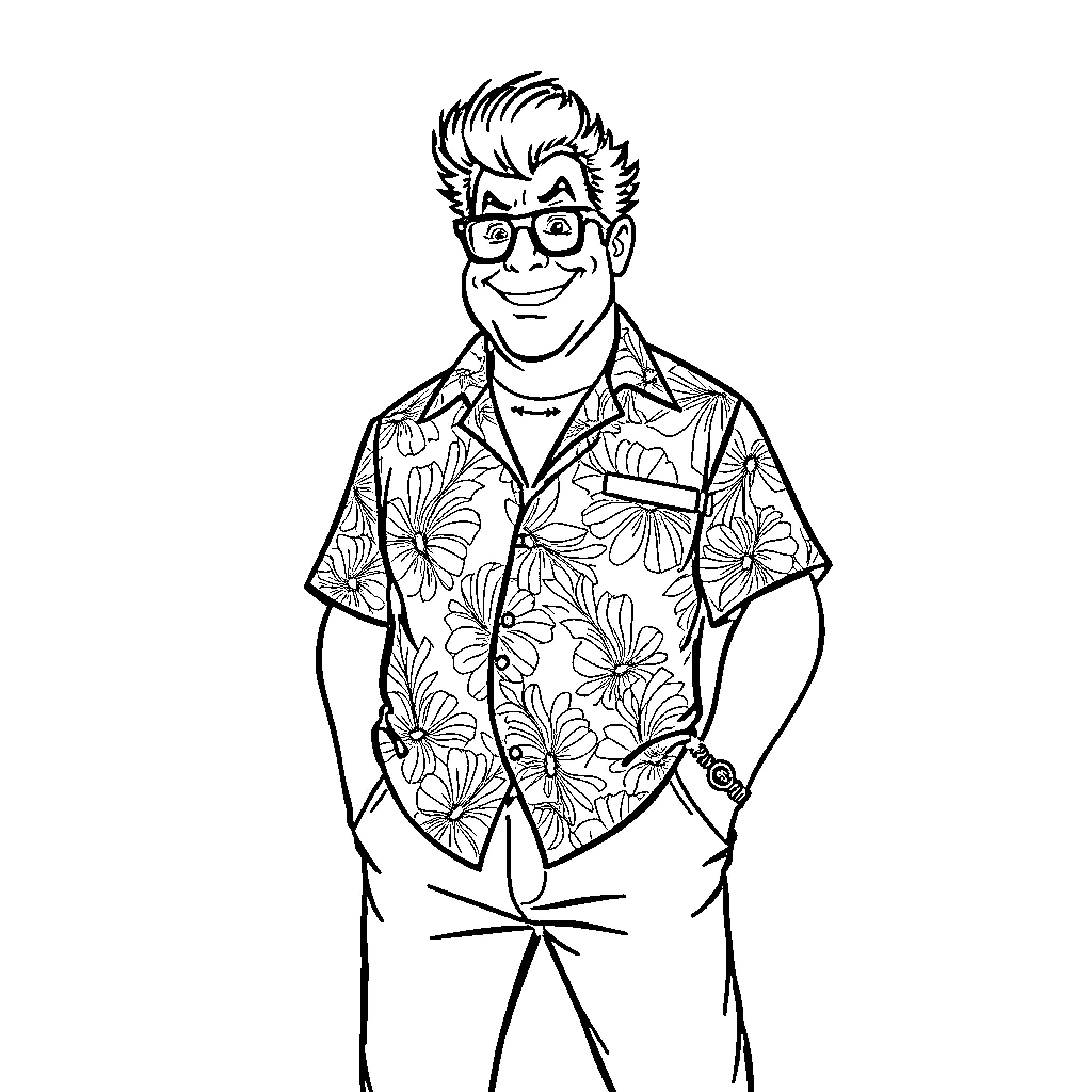 Mr. Shickadance's Flowery Flair and Cheerful Expression Coloring Page (free black-and-white line drawing printable PDF for all, from beginners to advanced learners, including children, teens, adults, and seniors)