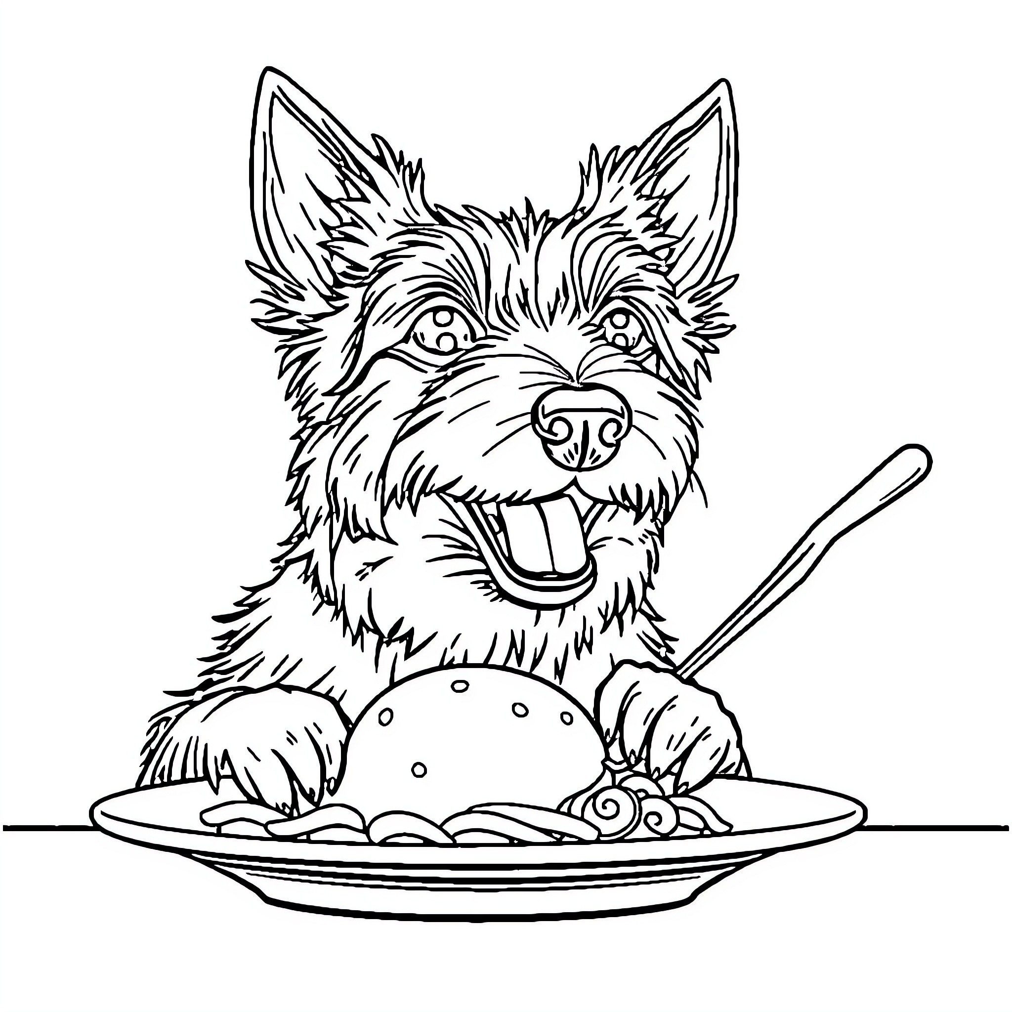 Dog enjoying a tasty meal on a plate Coloring Page (free black-and-white line drawing printable PDF for all, from beginners to advanced learners, including children, teens, adults, and seniors)