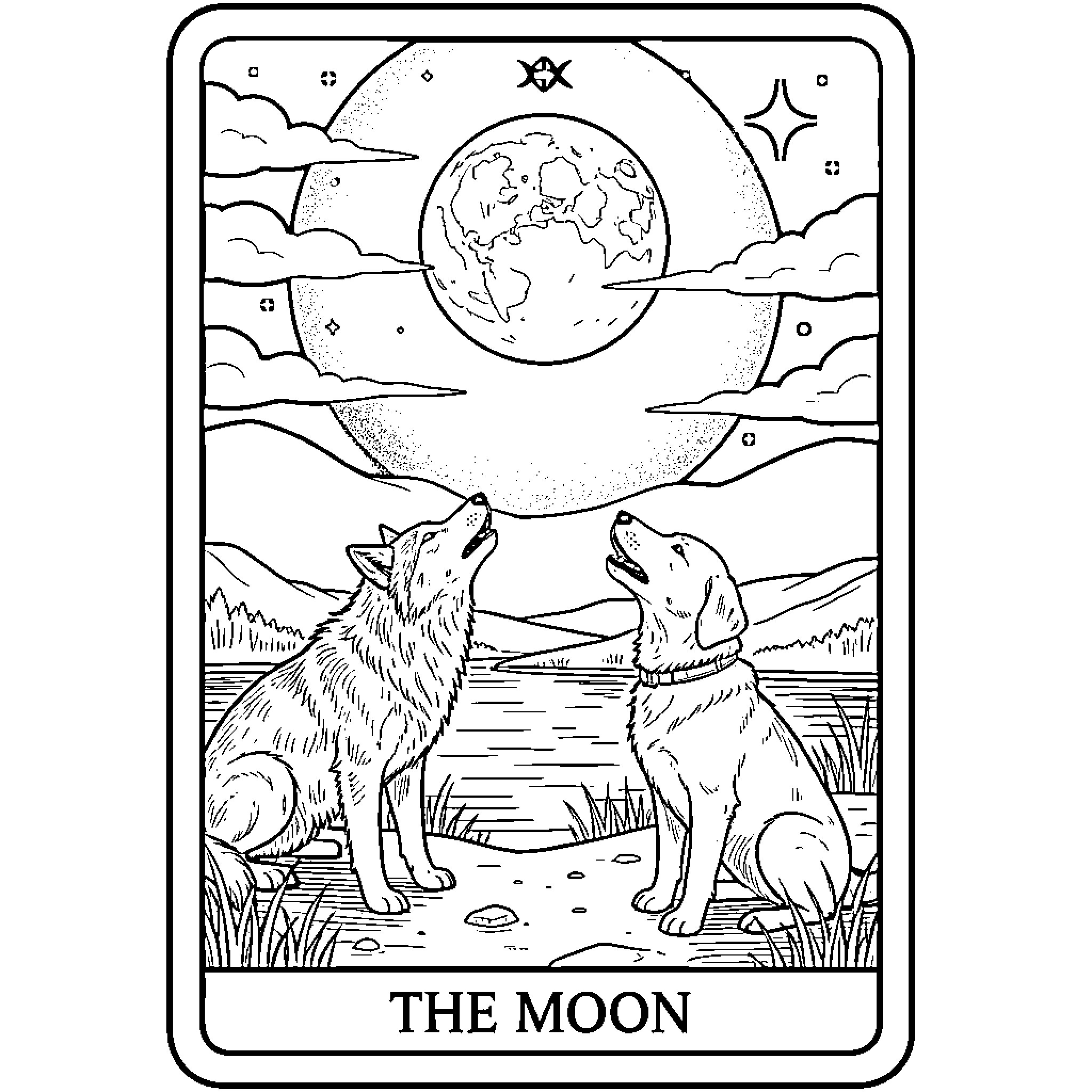 Moon shining over two wolves howling together Coloring Page (free black-and-white line drawing printable PDF for all, from beginners to advanced learners, including children, teens, adults, and seniors)