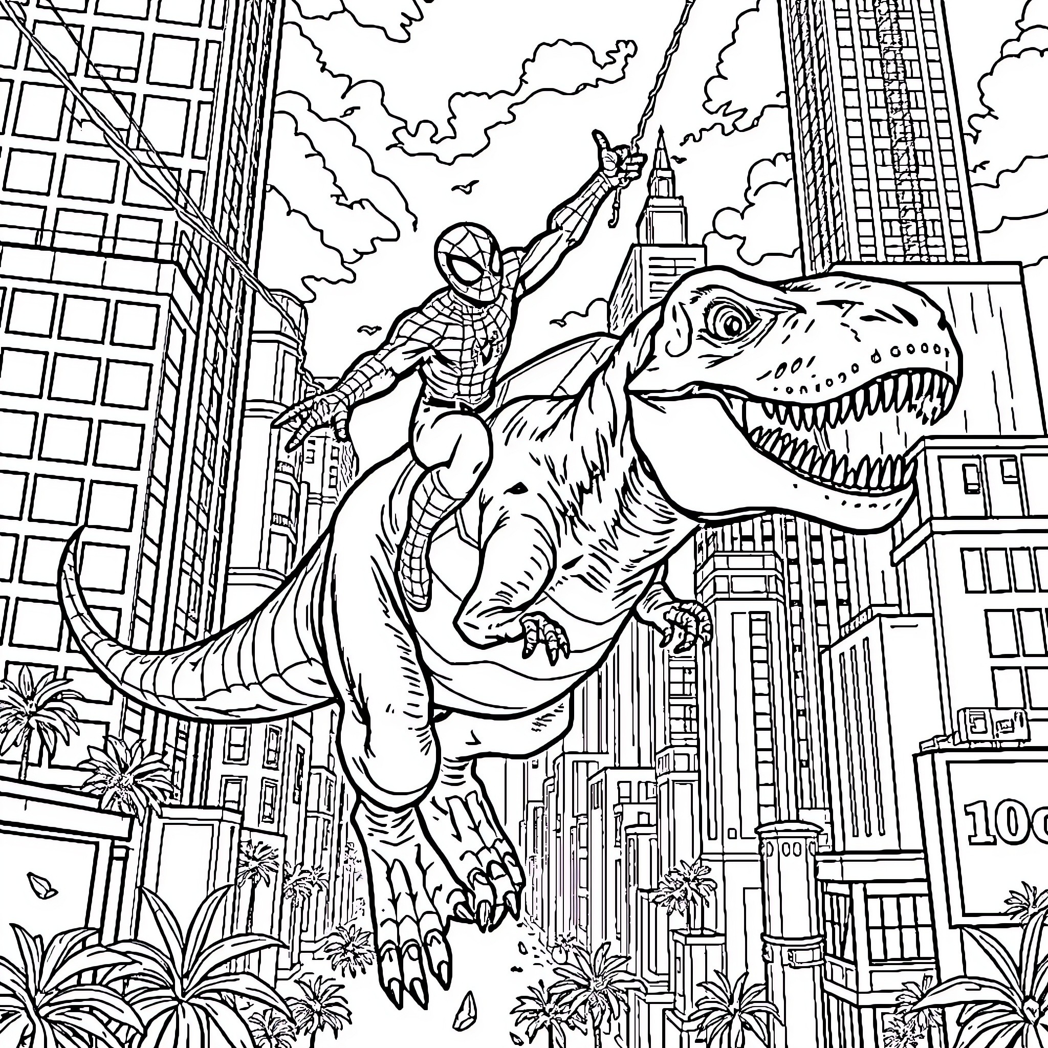 Spider-Man riding a fearsome dinosaur through the city Coloring Page (free black-and-white line drawing printable PDF for all, from beginners to advanced learners, including children, teens, adults, and seniors)