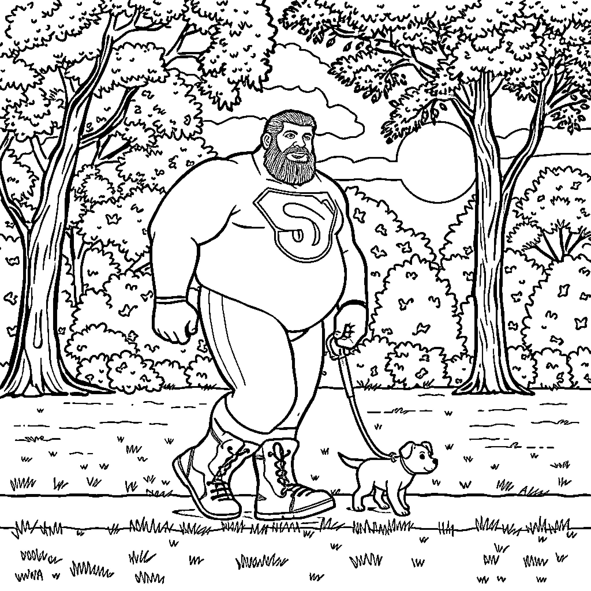 Wrestler with pet dog in nature Coloring Page (free black-and-white line drawing printable PDF for all, from beginners to advanced learners, including children, teens, adults, and seniors)