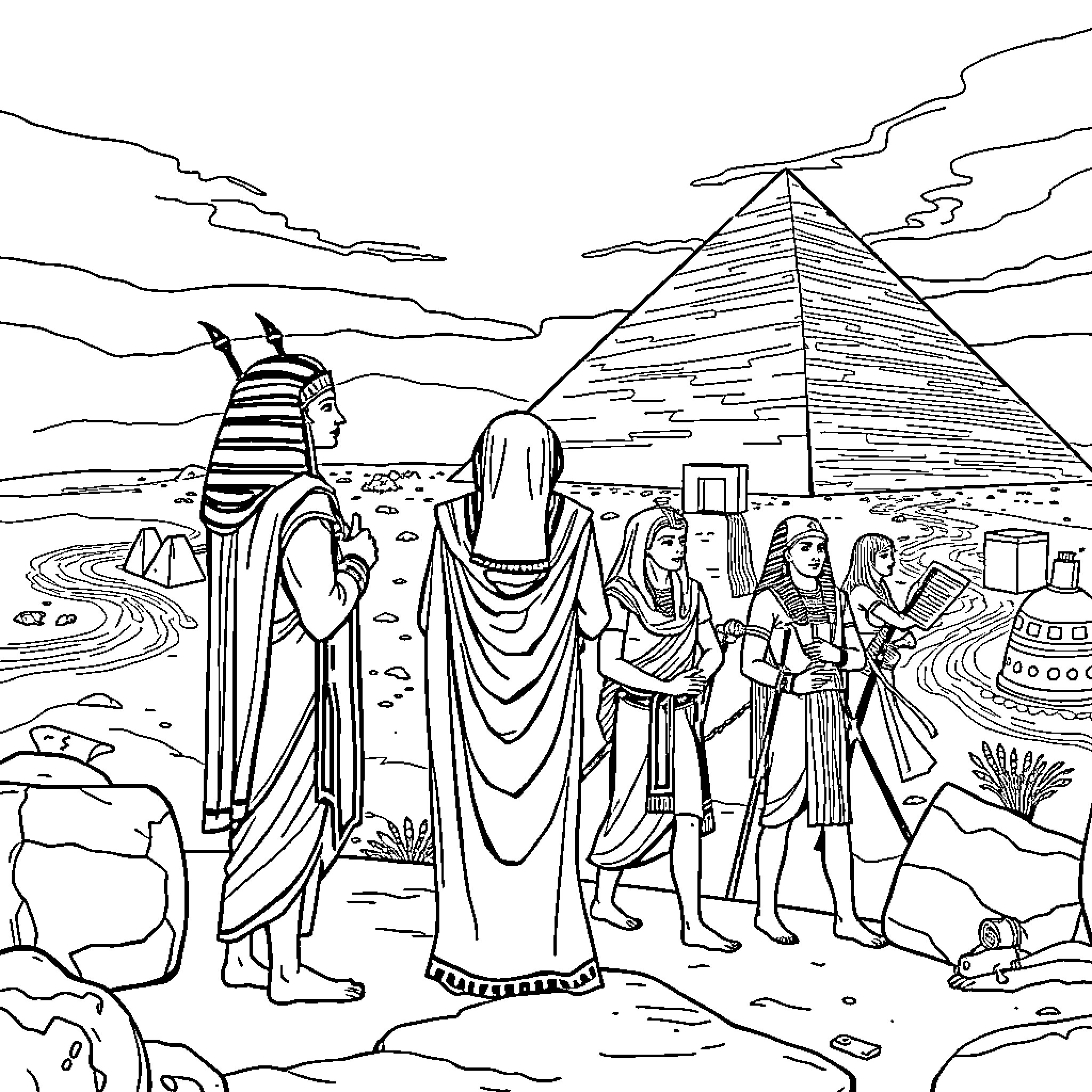 Pharaoh and his attendants at the Great Pyramid Coloring Page (free black-and-white line drawing printable PDF for all, from beginners to advanced learners, including children, teens, adults, and seniors)