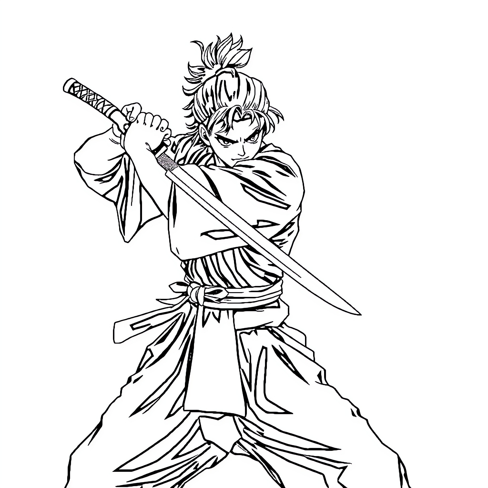Tanjiro wielding his sword with determination Coloring Page (free black-and-white line drawing printable PDF for all, from beginners to advanced learners, including children, teens, adults, and seniors)