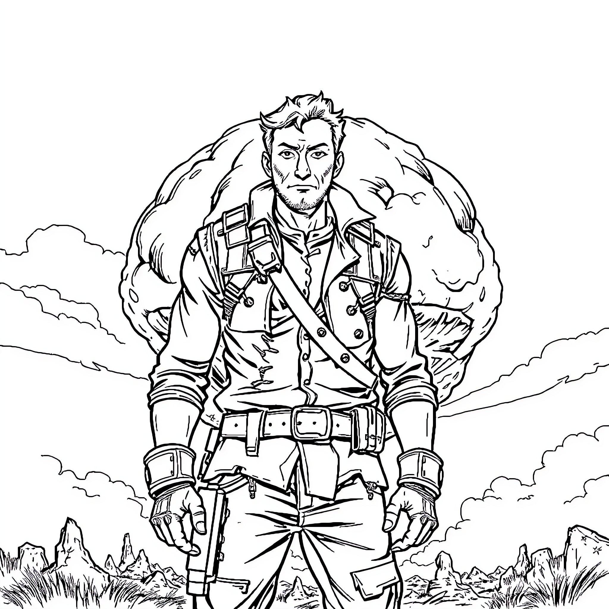 Man in military outfit standing in the wilderness Coloring Page (free black-and-white line drawing printable PDF for all, from beginners to advanced learners, including children, teens, adults, and seniors)