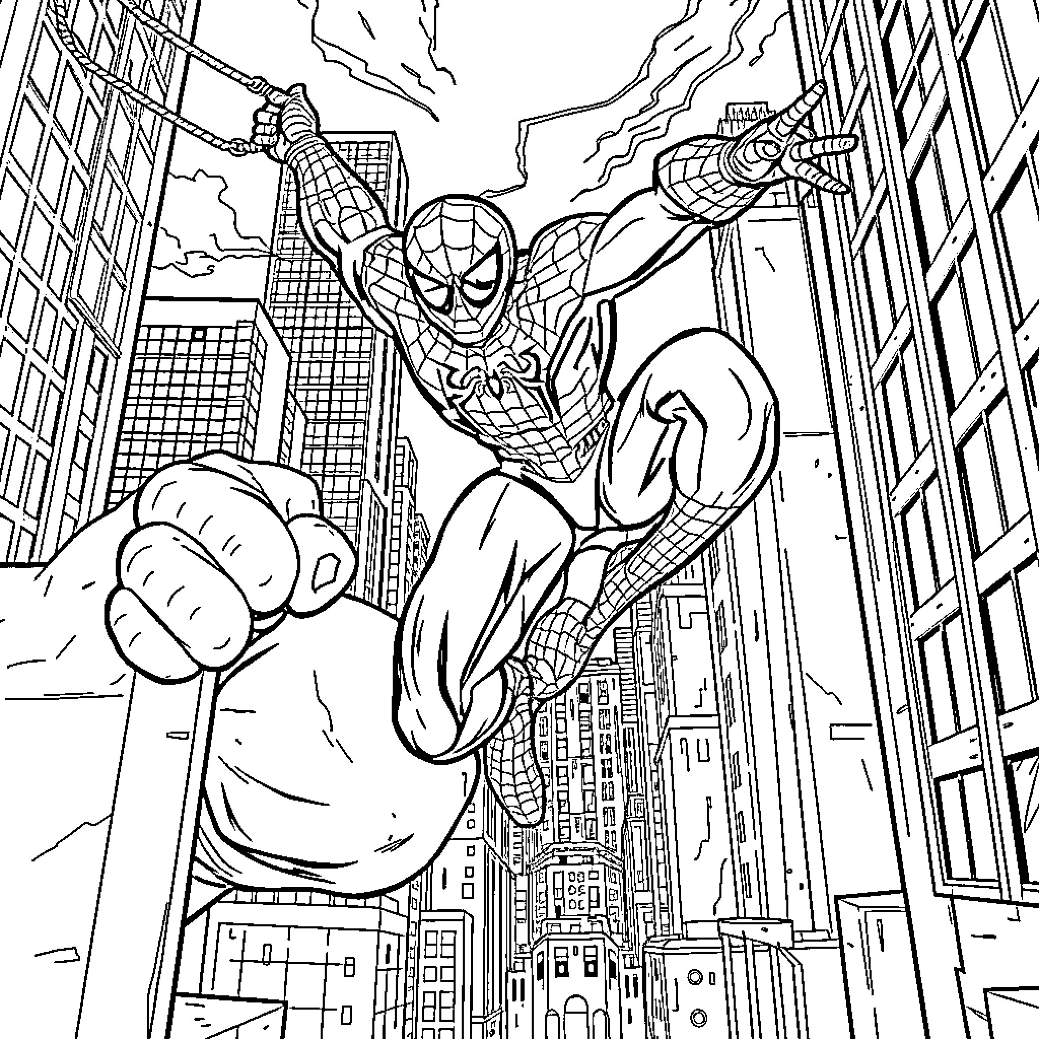 Spiderman heroically swinging through the city Coloring Page (free black-and-white line drawing printable PDF for all, from beginners to advanced learners, including children, teens, adults, and seniors)