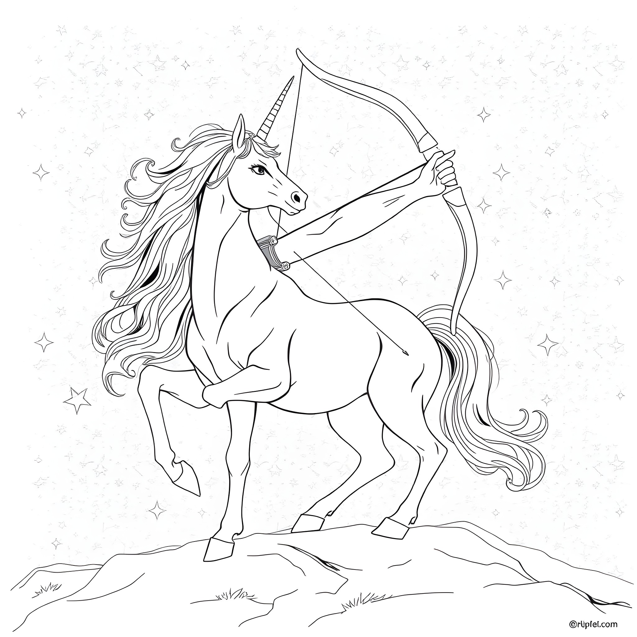 Sagittarius the Unicorn Archer Shooting Stars Coloring Page (free black-and-white line drawing printable PDF for all, from beginners to advanced learners, including children, teens, adults, and seniors)