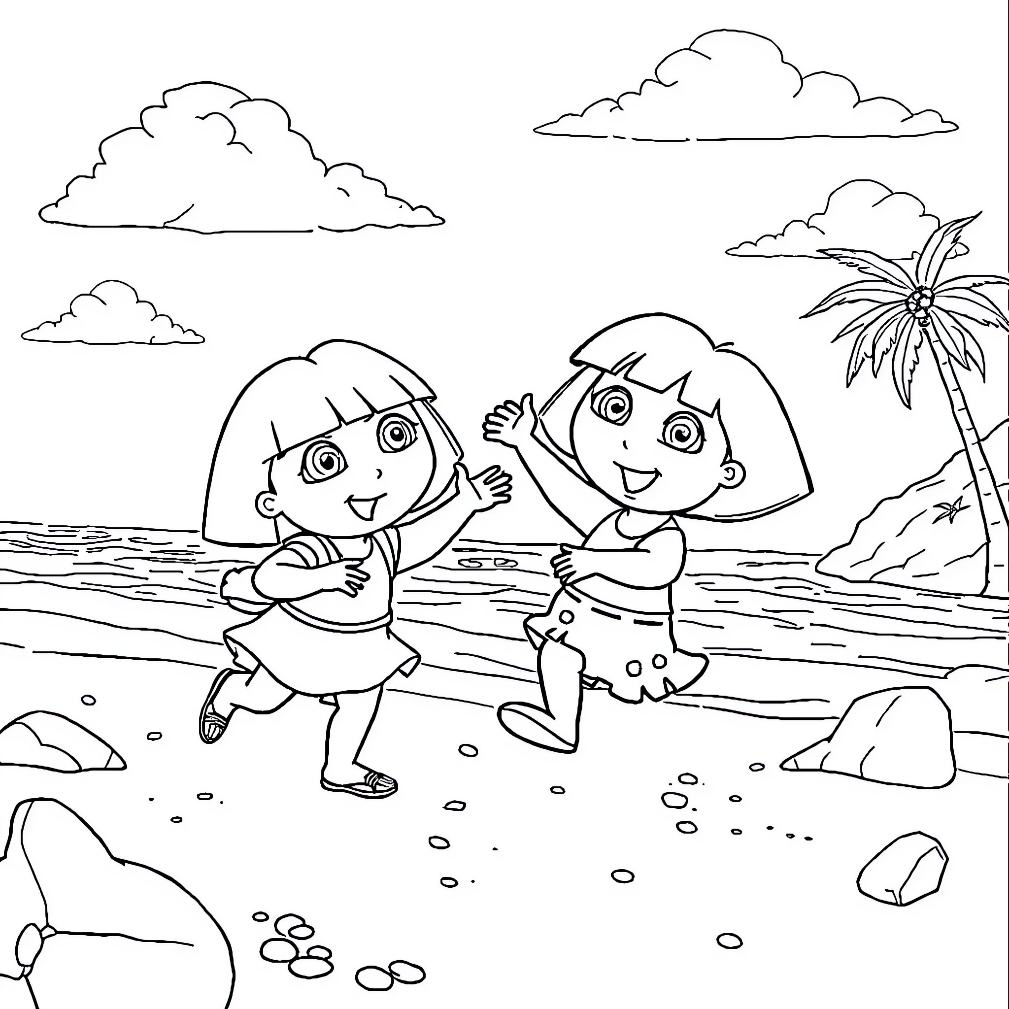 Dora and Diego explore the beach together Coloring Page (free black-and-white line drawing printable PDF for all, from beginners to advanced learners, including children, teens, adults, and seniors)