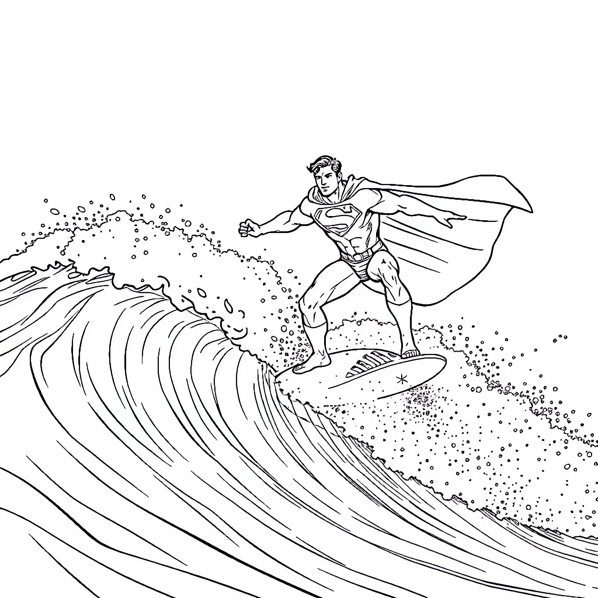 Superman surfs gigantic waves with heroic stance Coloring Page (free black-and-white line drawing printable PDF for all, from beginners to advanced learners, including children, teens, adults, and seniors)