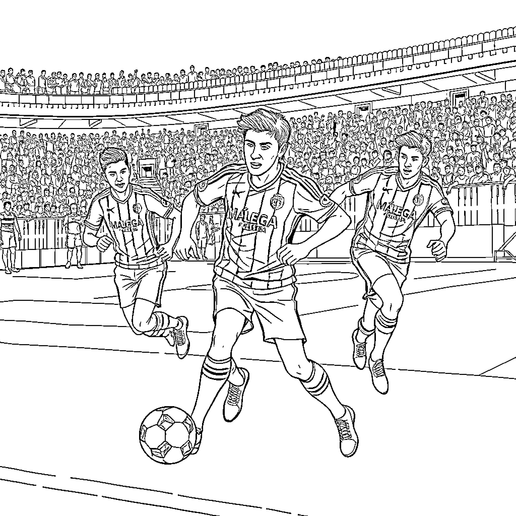 Málaga CF players in action on the pitch Coloring Page (free black-and-white line drawing printable PDF for all, from beginners to advanced learners, including children, teens, adults, and seniors)