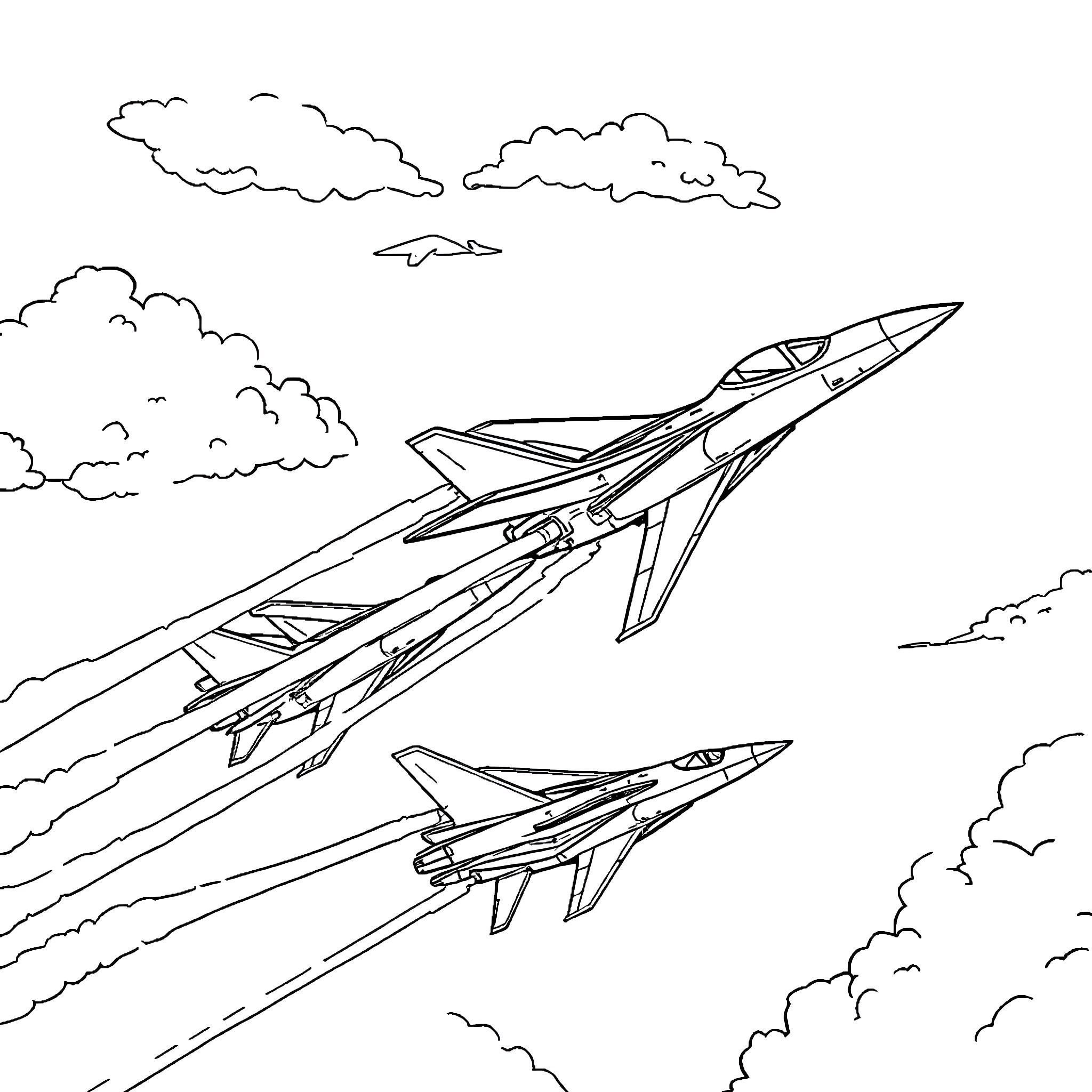 Jet fighters soaring through the cloudy skies Coloring Page (free black-and-white line drawing printable PDF for all, from beginners to advanced learners, including children, teens, adults, and seniors)