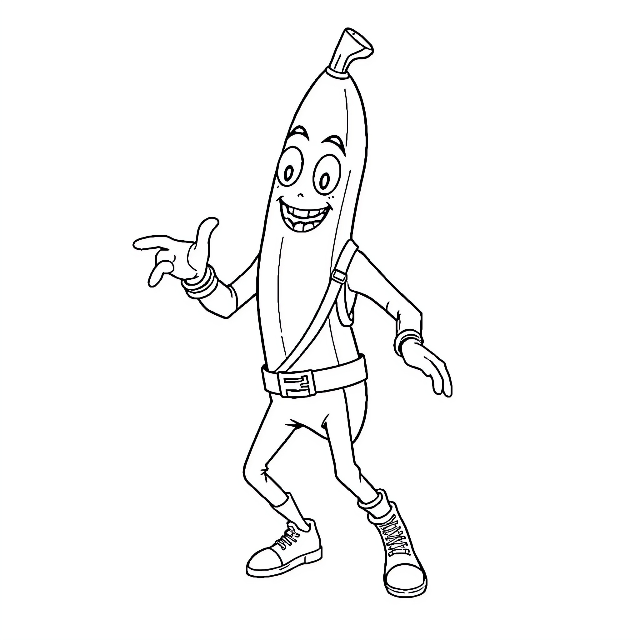 Banana character in cheerful pose Coloring Page (free black-and-white line drawing printable PDF for all, from beginners to advanced learners, including children, teens, adults, and seniors)