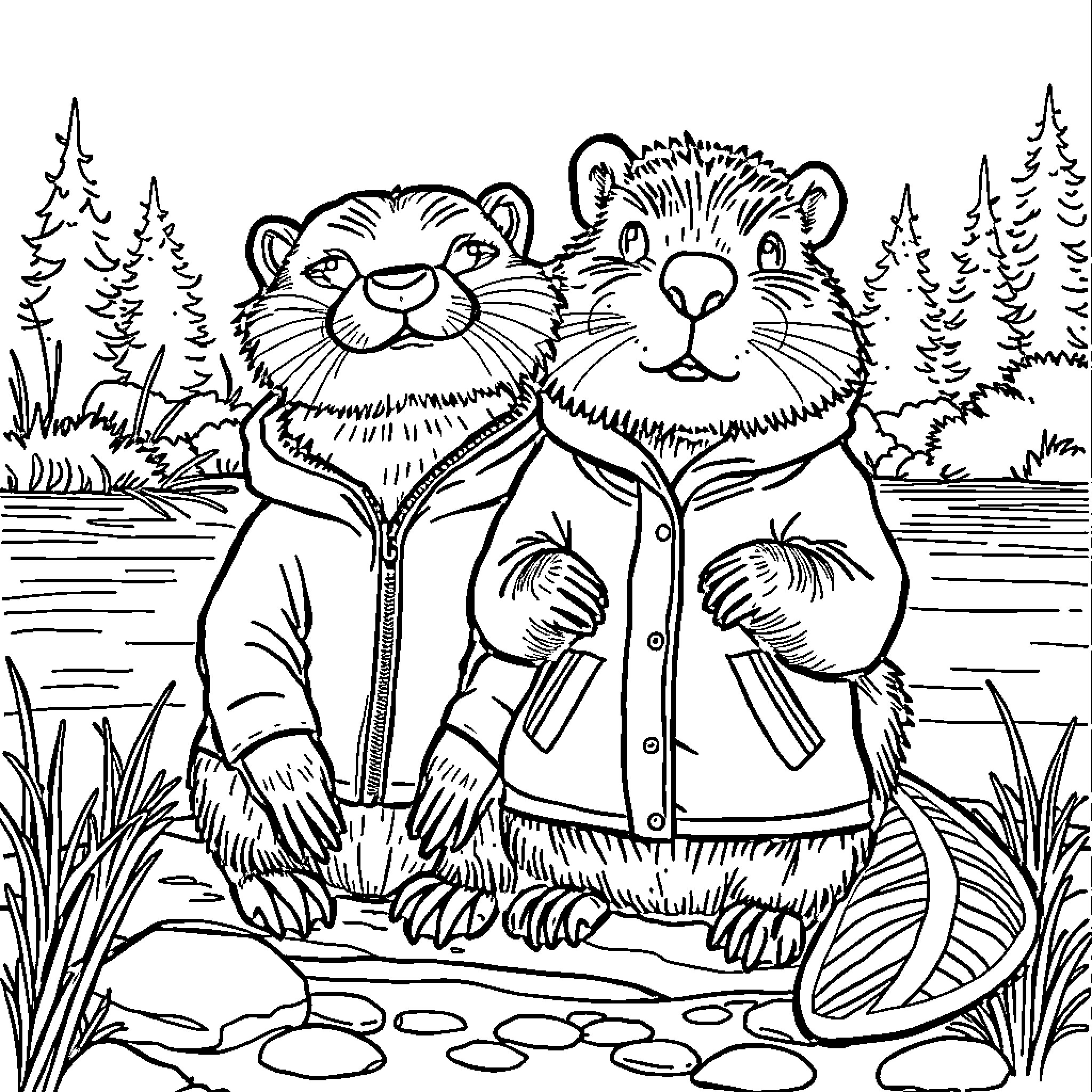 Otter friends in cozy winter attire Coloring Page (free black-and-white line drawing printable PDF for all, from beginners to advanced learners, including children, teens, adults, and seniors)
