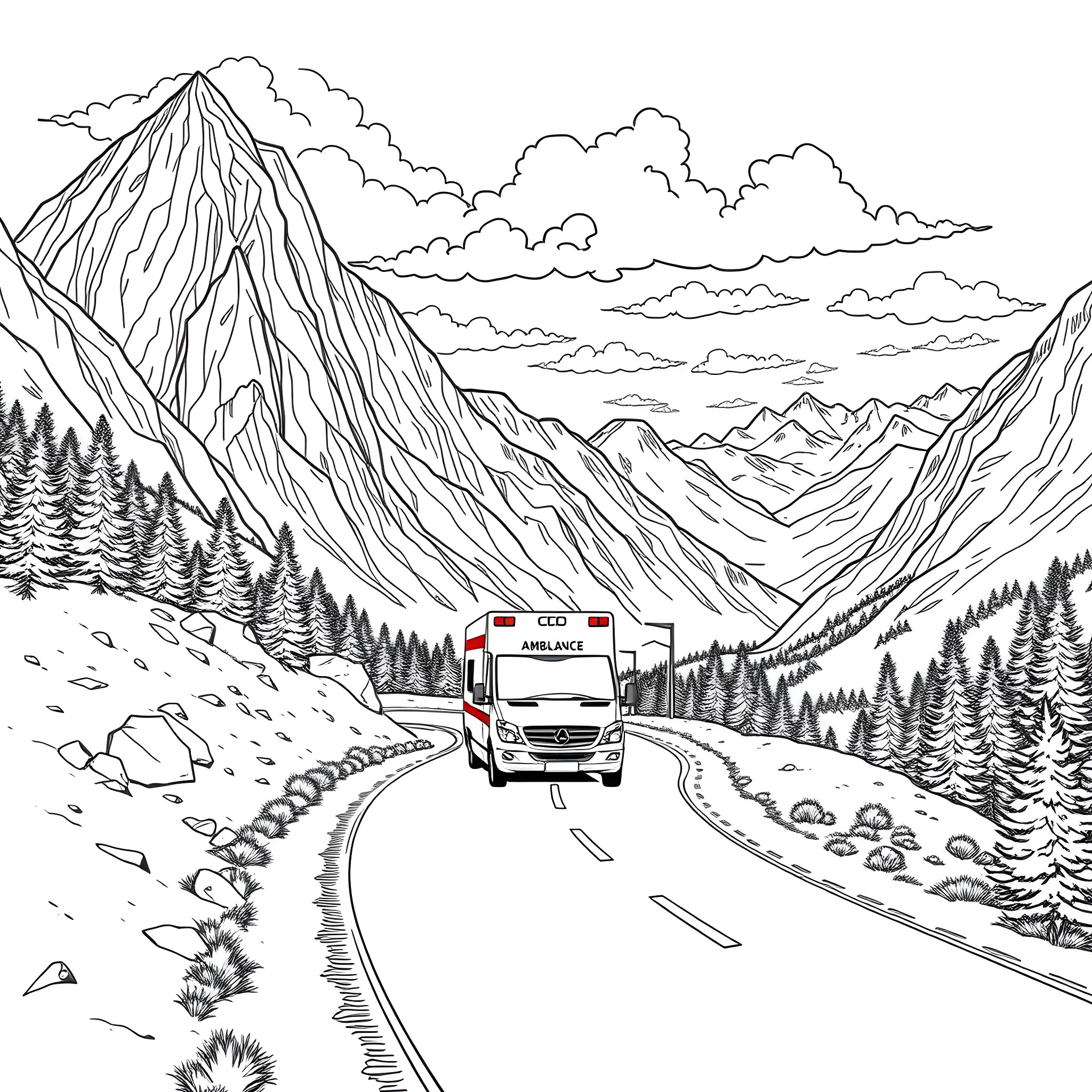 Ambulance rushing through scenic mountain landscape Coloring Page (free black-and-white line drawing printable PDF for all, from beginners to advanced learners, including children, teens, adults, and seniors)