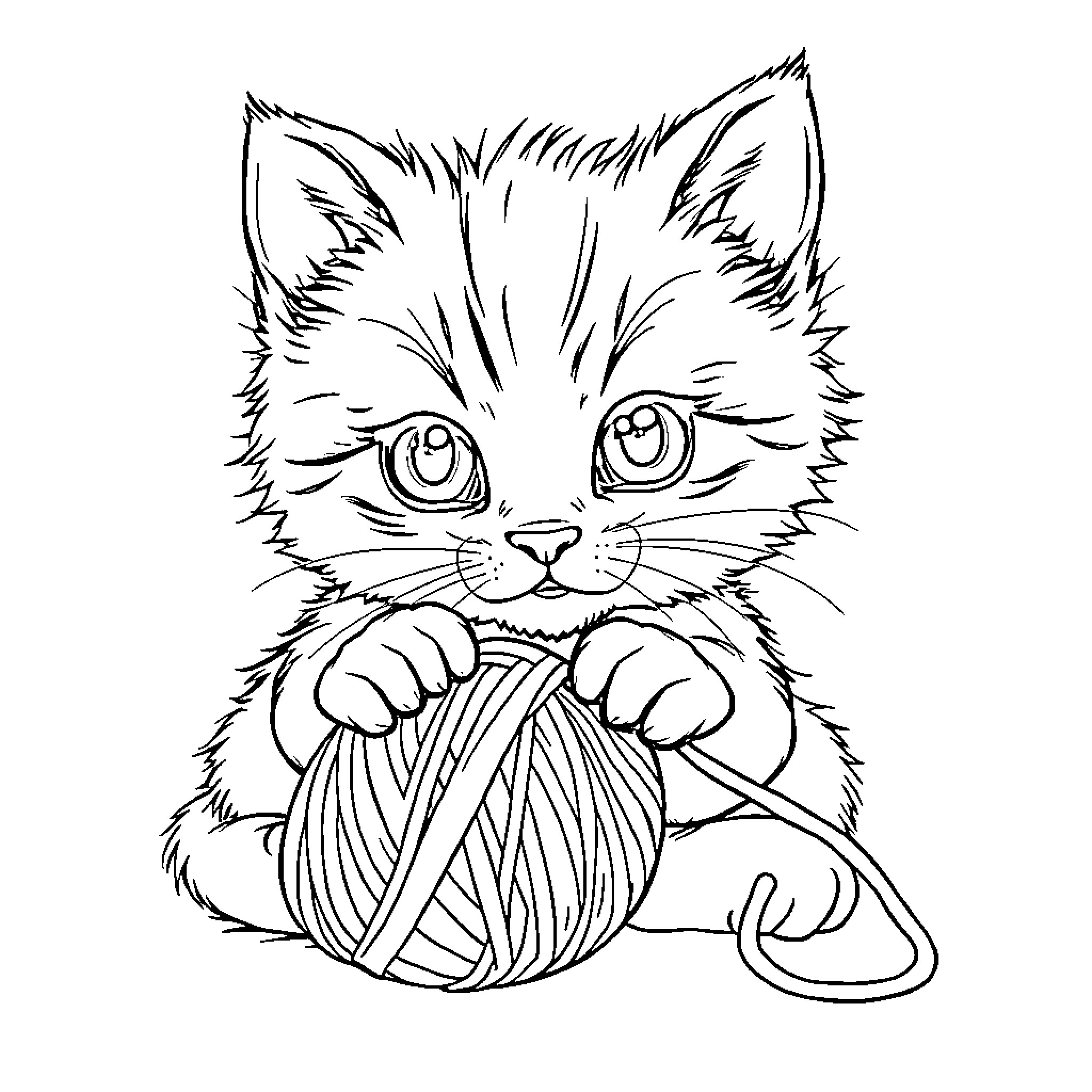 Kitten playing with a yarn ball Coloring Page (free black-and-white line drawing printable PDF for all, from beginners to advanced learners, including children, teens, adults, and seniors)