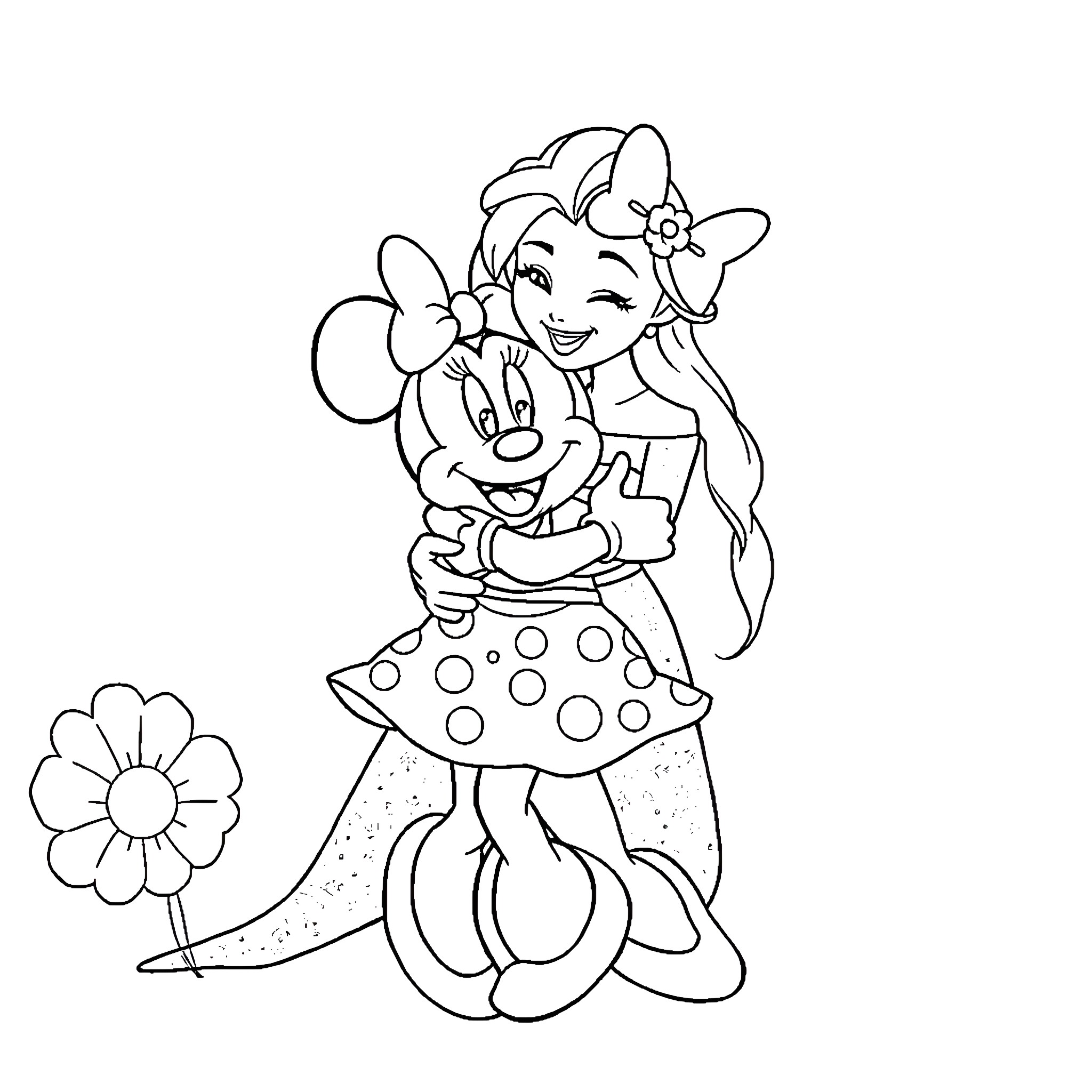 Elsa embracing Minnie Mouse in a playful scene Coloring Page (free black-and-white line drawing printable PDF for all, from beginners to advanced learners, including children, teens, adults, and seniors)