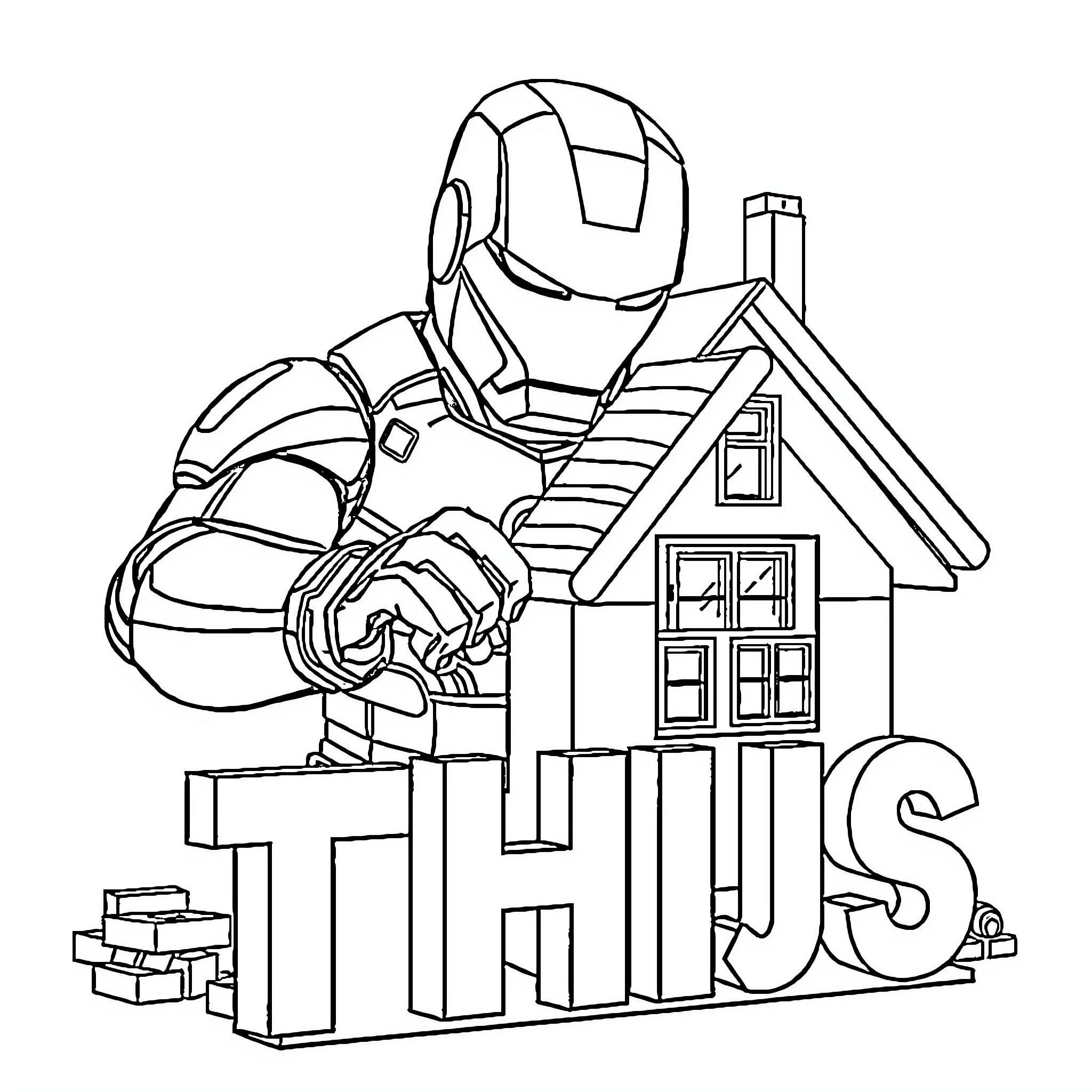Iron Man building a house with the word 'This' Coloring Page (free black-and-white line drawing printable PDF for all, from beginners to advanced learners, including children, teens, adults, and seniors)
